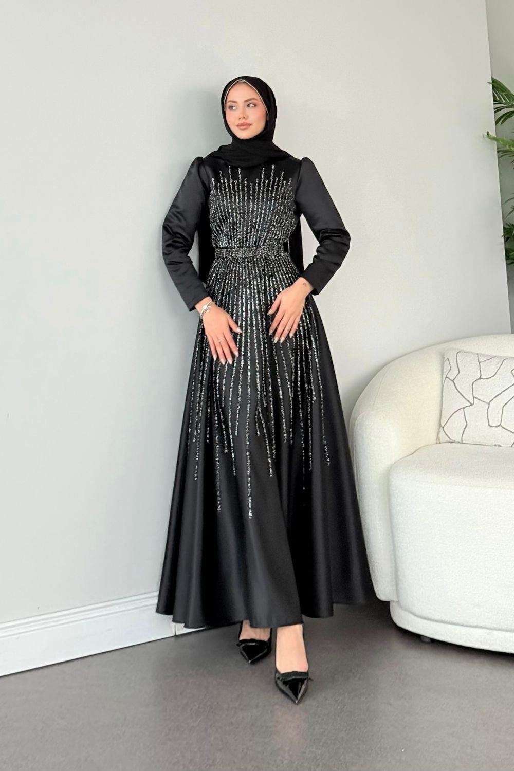 Fuull Taşlı Abiye Siyah 2348 
