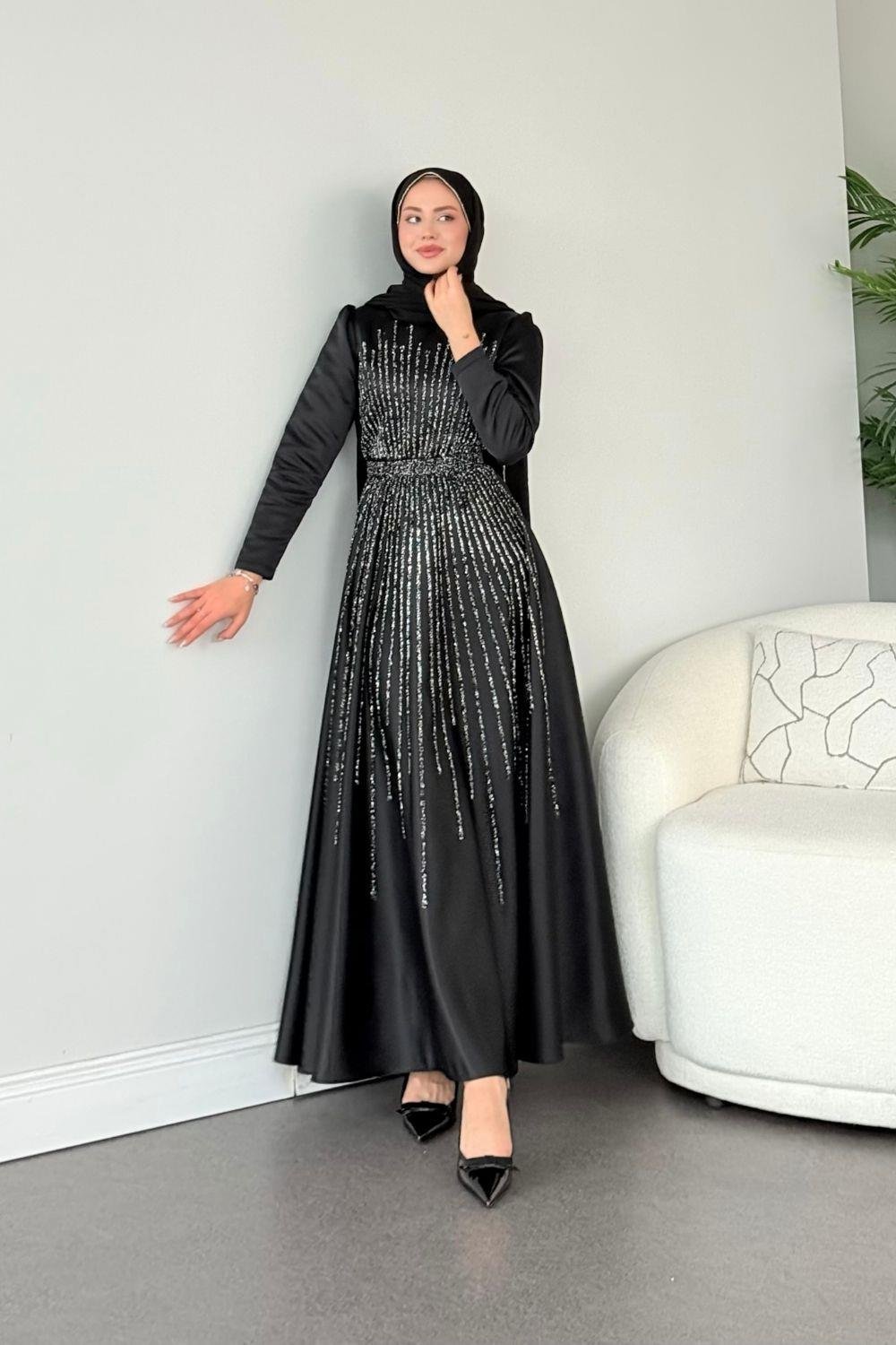 Fuull Taşlı Abiye Siyah 2348 