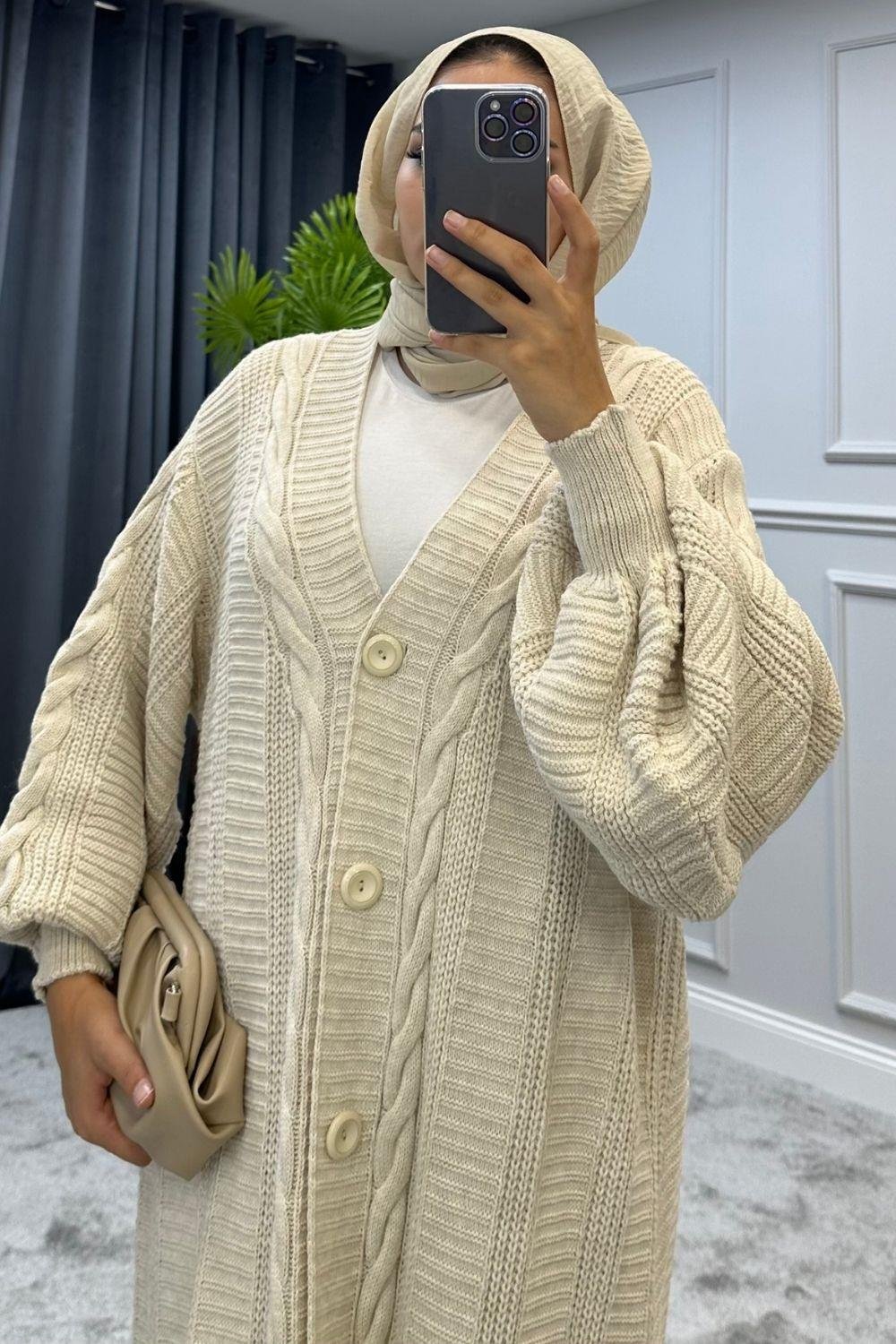 Saç Örgülü Uzun Hırka Bej 2388 