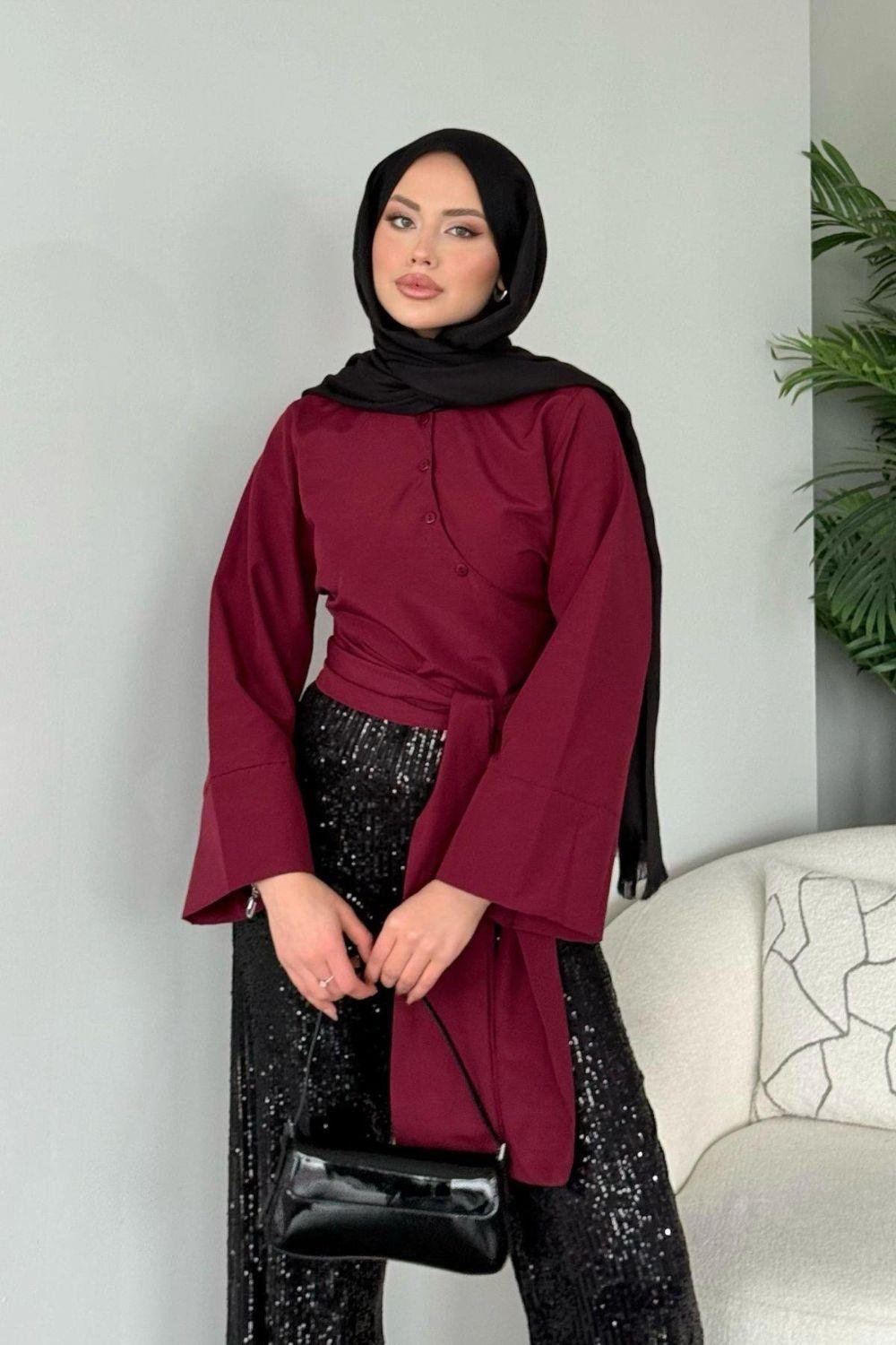 Bağlamalı Yarım Gömlek Bordo 2396 