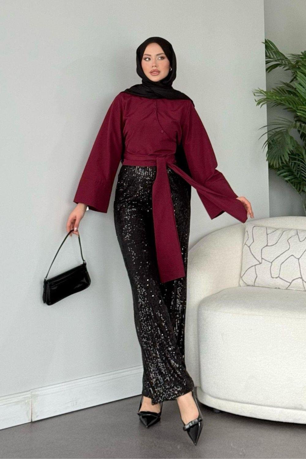 Bağlamalı Yarım Gömlek Bordo 2396 