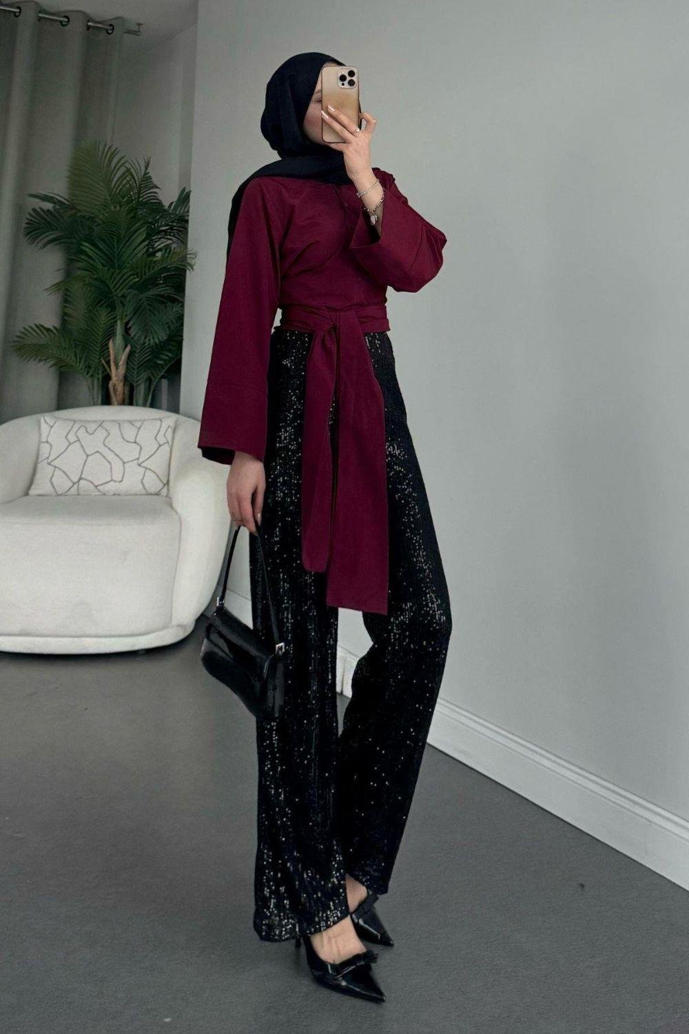 Bağlamalı Yarım Gömlek Bordo 2396 