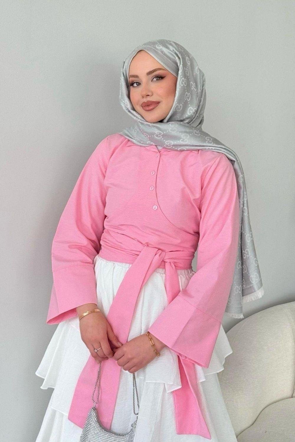 Bağlamalı Yarım Gömlek Pembe 2396 