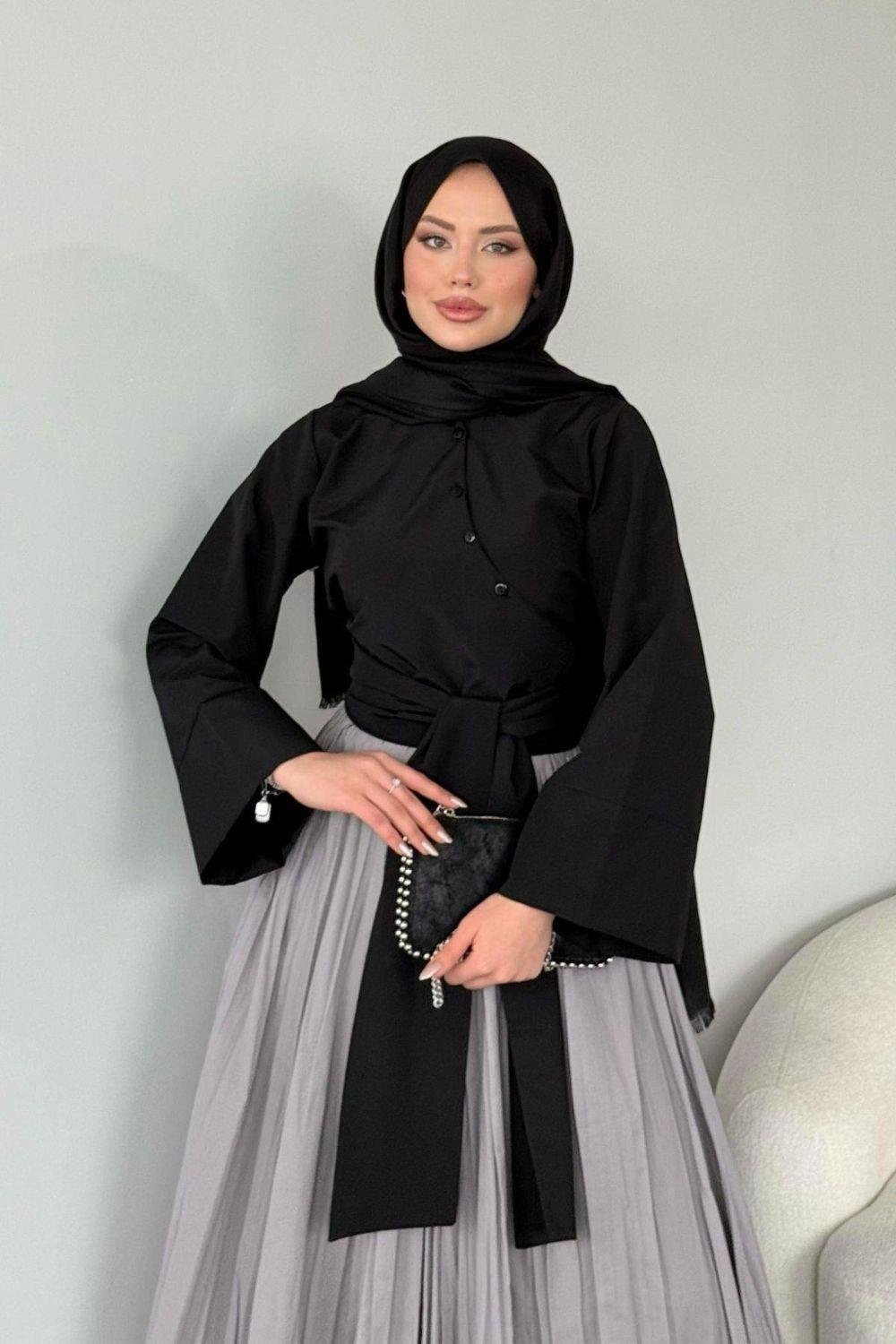 Bağlamalı Yarım Gömlek Siyah 2396 