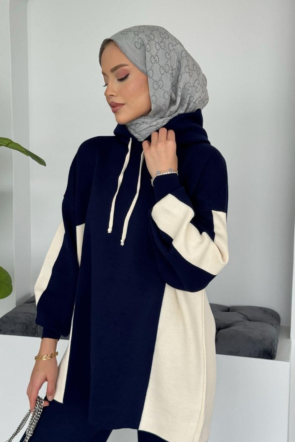 Lapis Çizgili Kapüşonlu Spor Takım Lacivert 241210 
