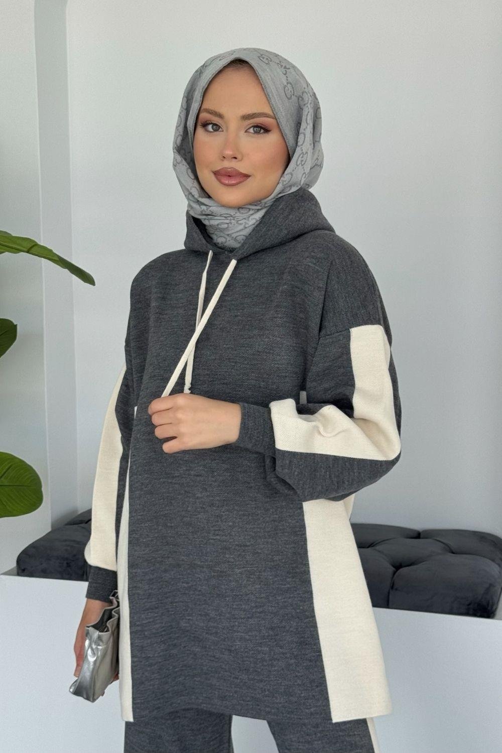 Lapis Çizgili Kapüşonlu Spor Takım Gri 241210 