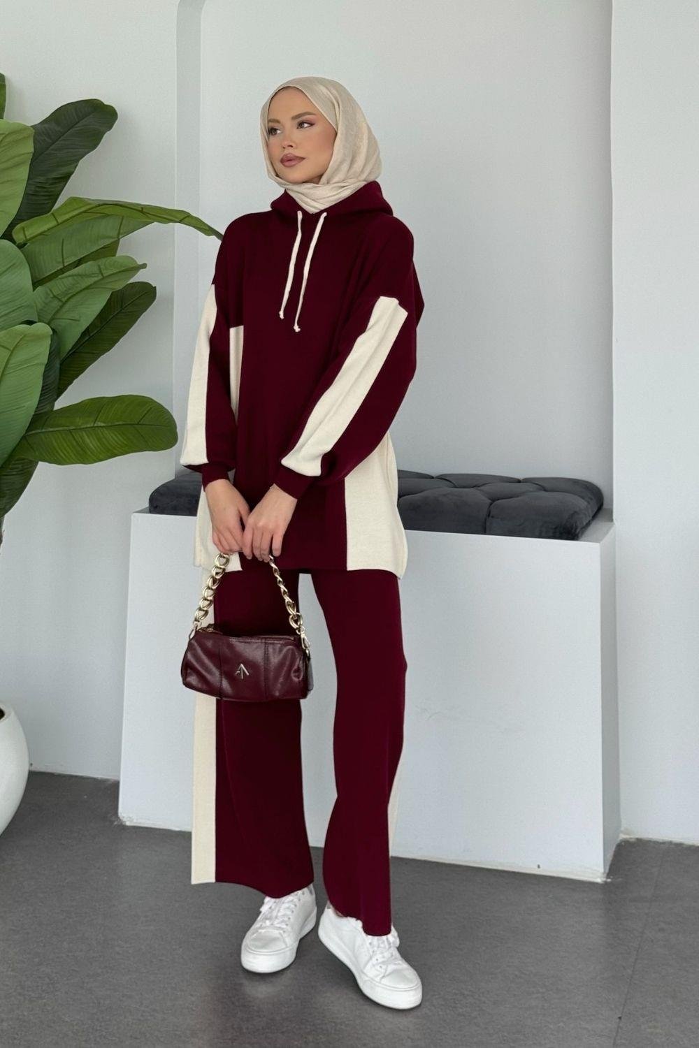 Lapis Çizgili Kapüşonlu Spor Takım Bordo 241210 