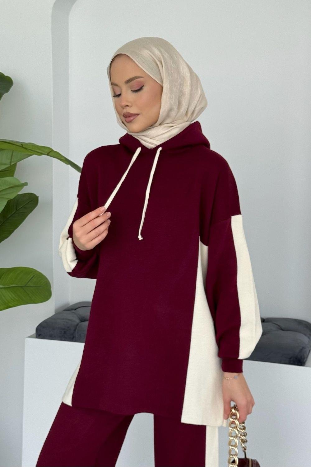 Lapis Çizgili Kapüşonlu Spor Takım Bordo 241210 