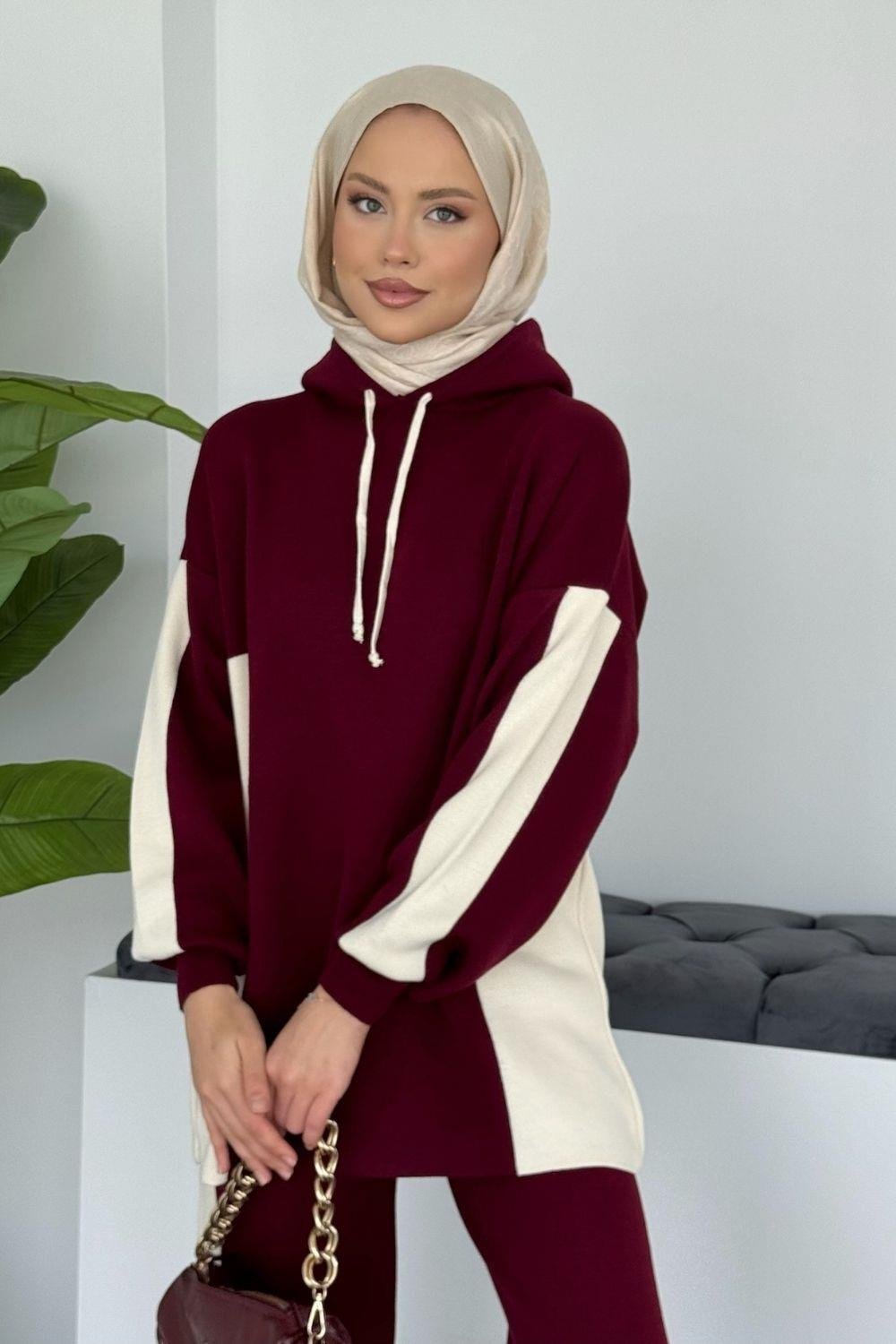 Lapis Çizgili Kapüşonlu Spor Takım Bordo 241210 