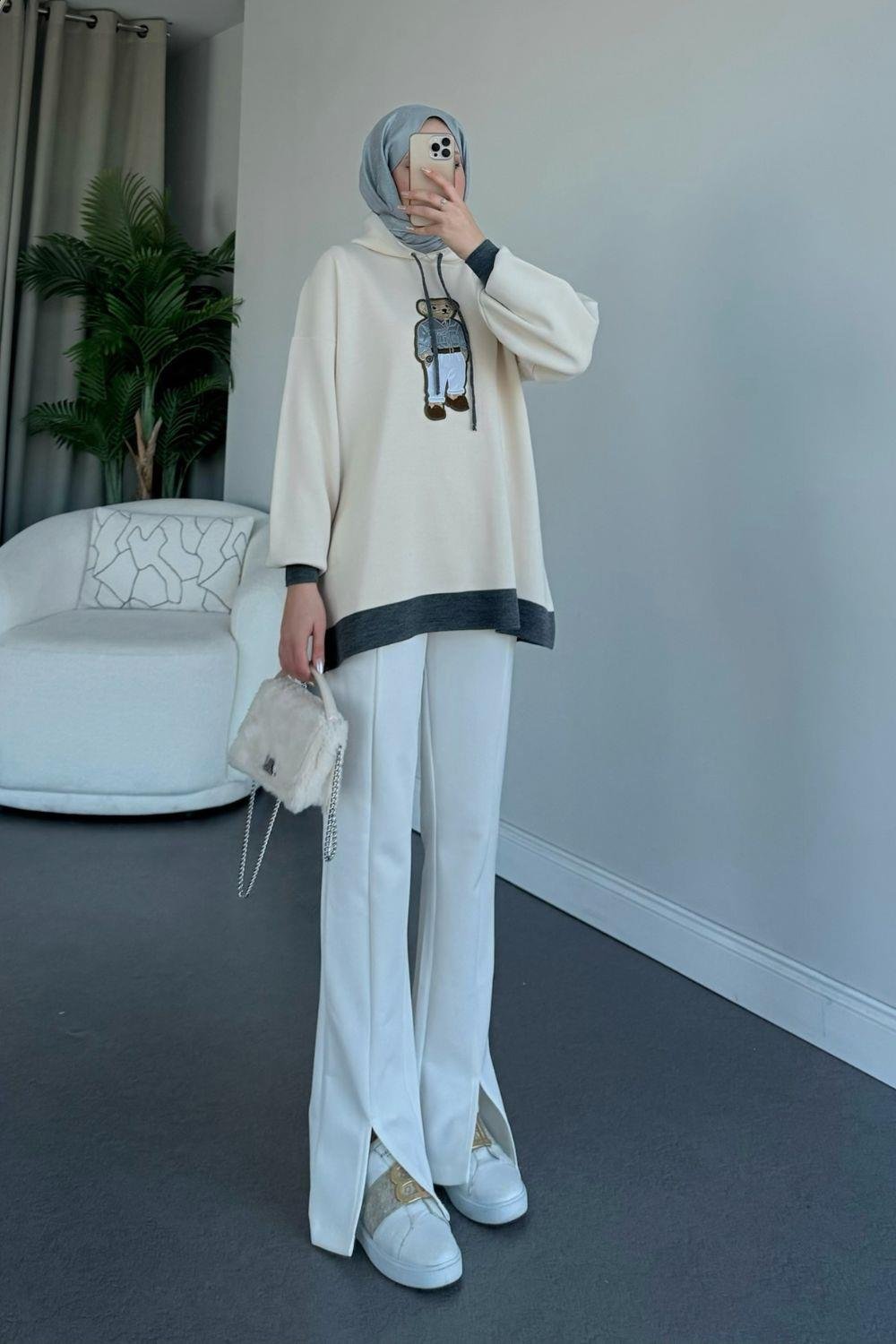 Kapşonlu Ayıcıklı Sweat Gri 241230 