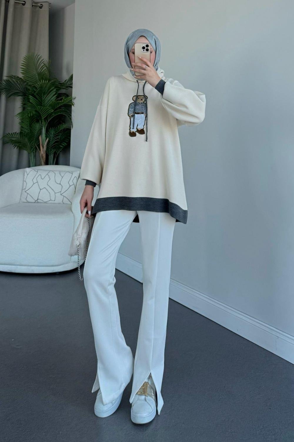 Kapşonlu Ayıcıklı Sweat Gri 241230 