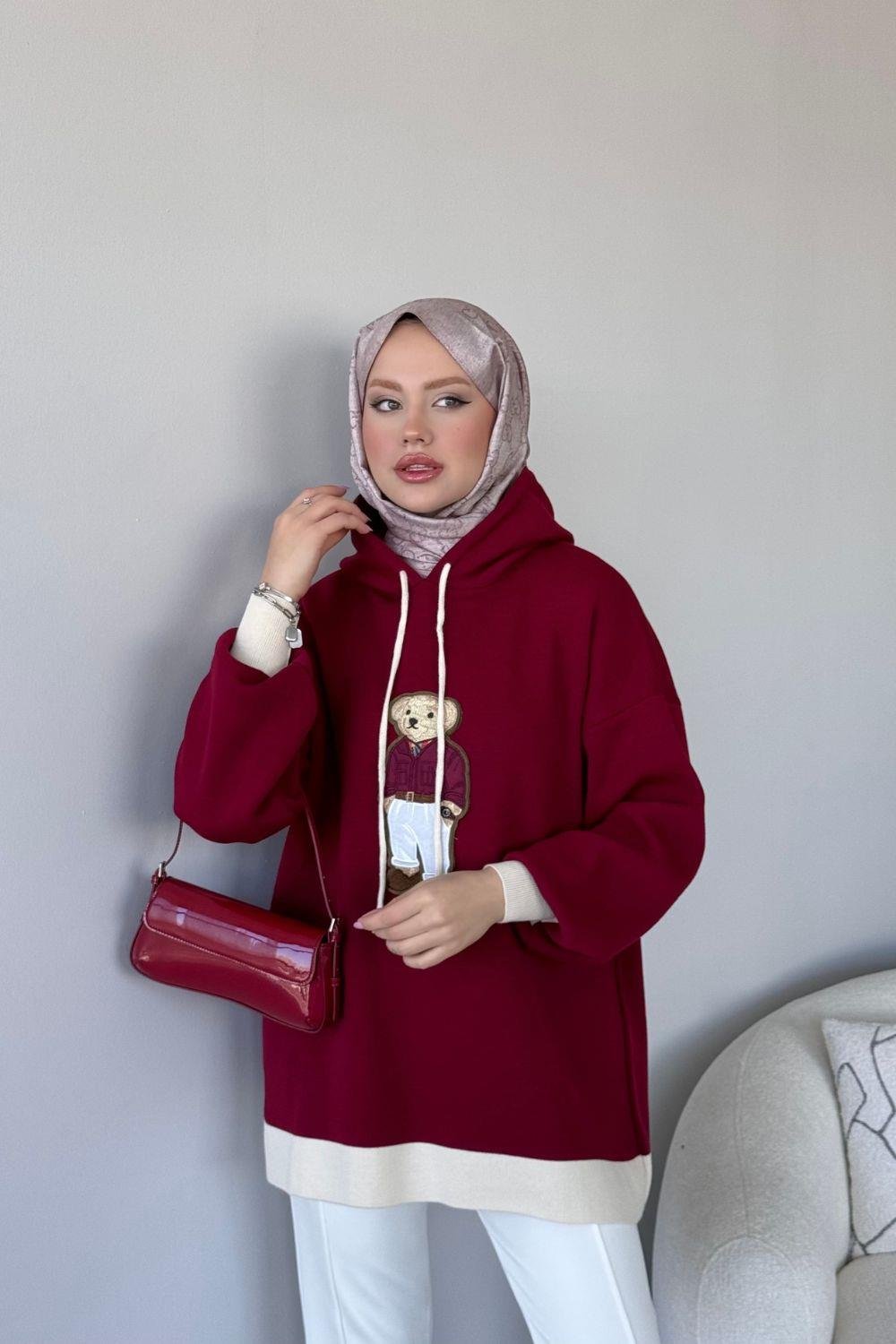 Kapşonlu Ayıcıklı Sweat Koyu Bordo 241230 