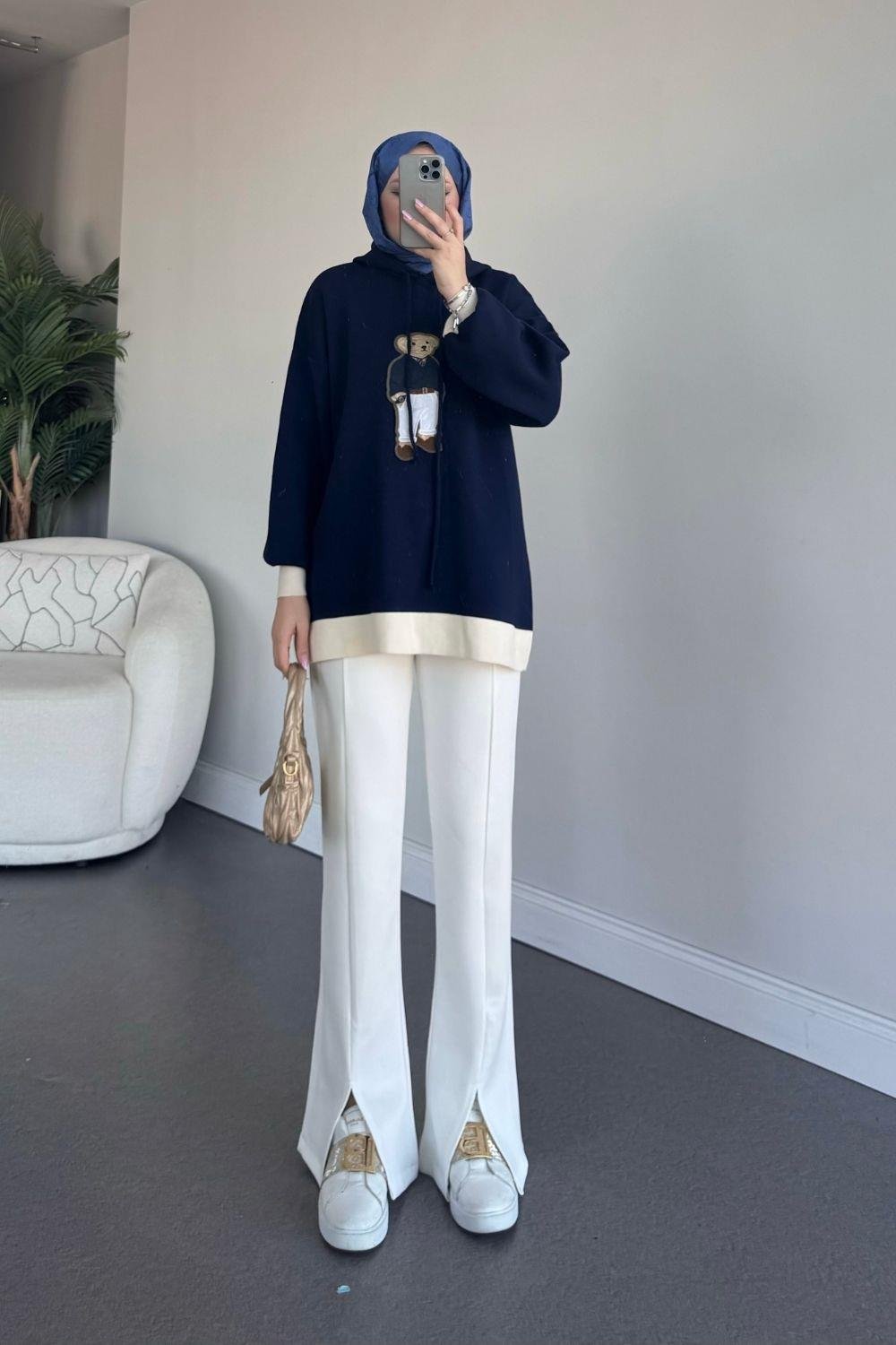 Kapşonlu Ayıcıklı Sweat Koyu Lacivert 241230 