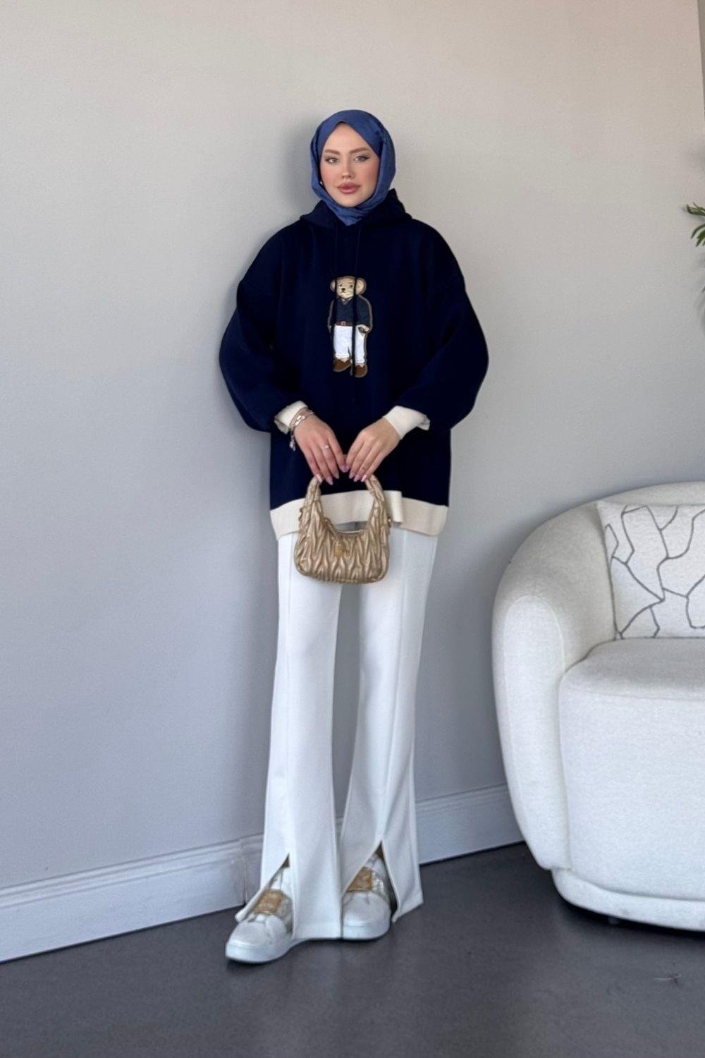 Kapşonlu Ayıcıklı Sweat Koyu Lacivert 241230 