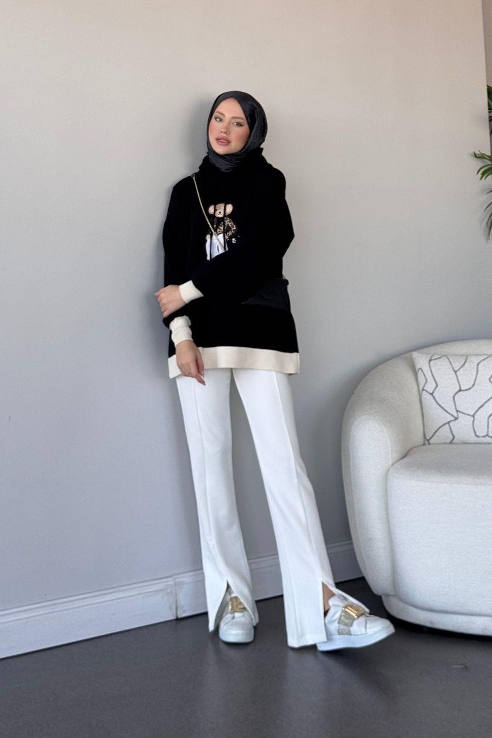 Kapşonlu Ayıcıklı Sweat Koyu Siyah 241230 