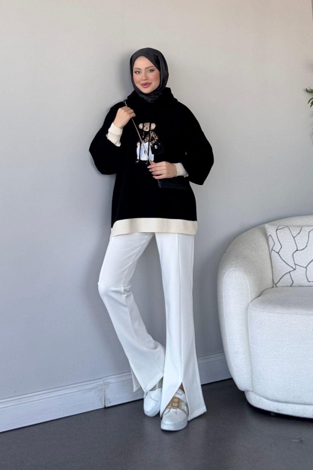 Kapşonlu Ayıcıklı Sweat Koyu Siyah 241230 