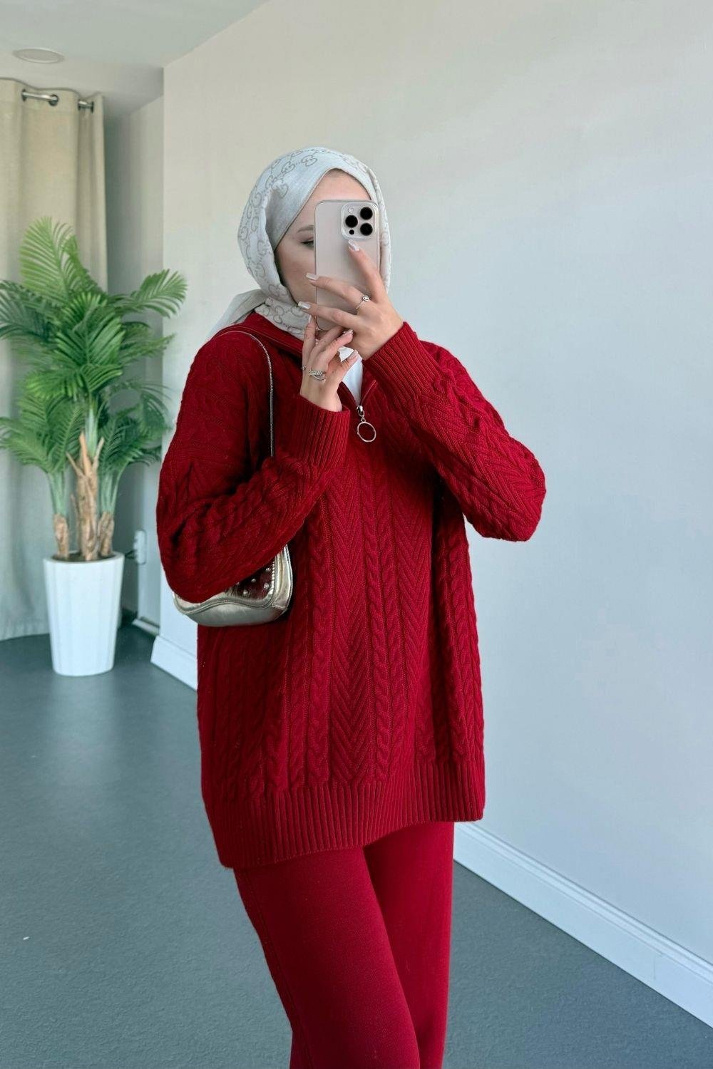 Yarı Fermuarlı Örme Triko Takım Kırmızı 24130 