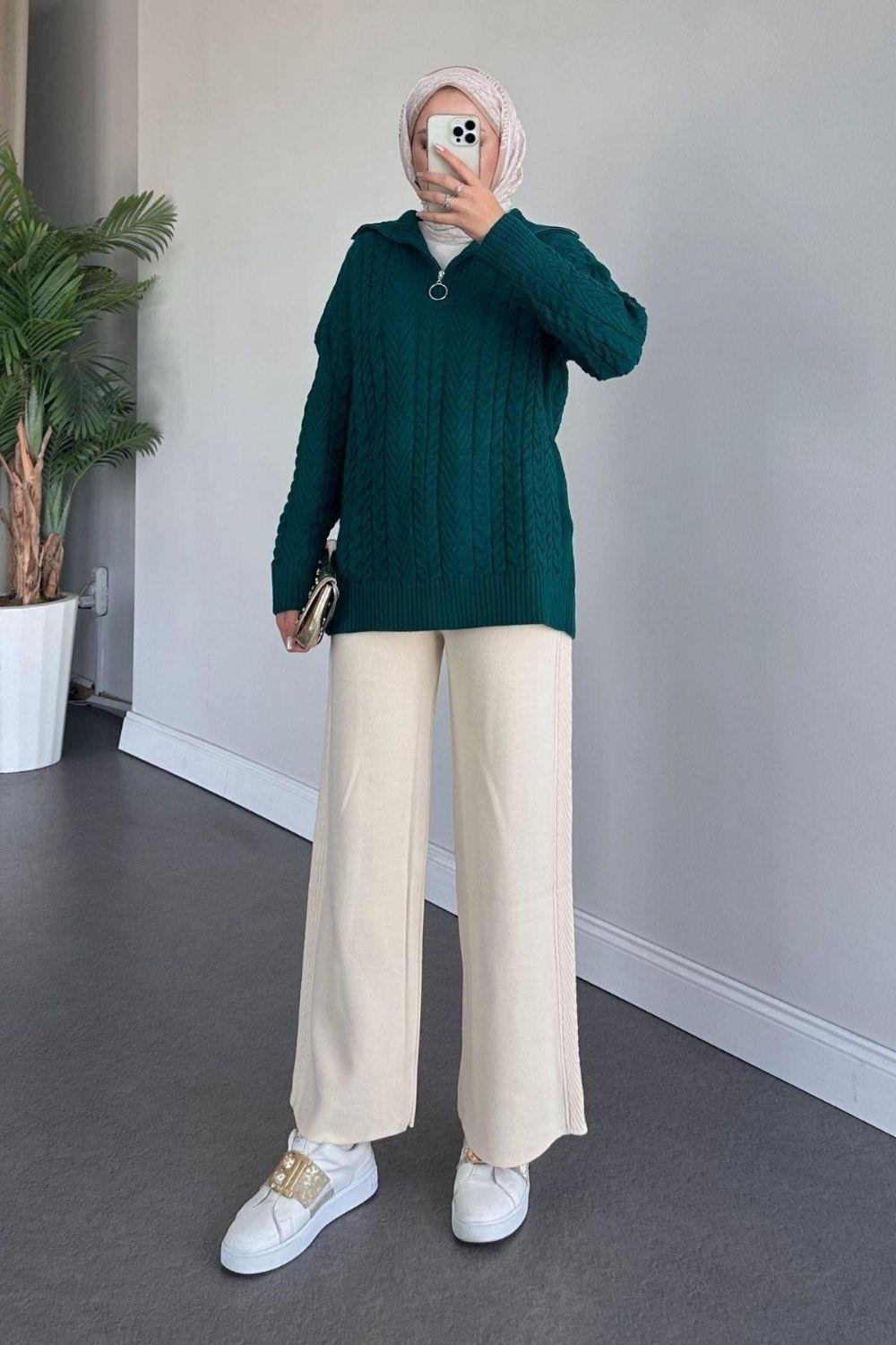 Yarı Fermuarlı Örme Triko Takım Zümrüt 24130 