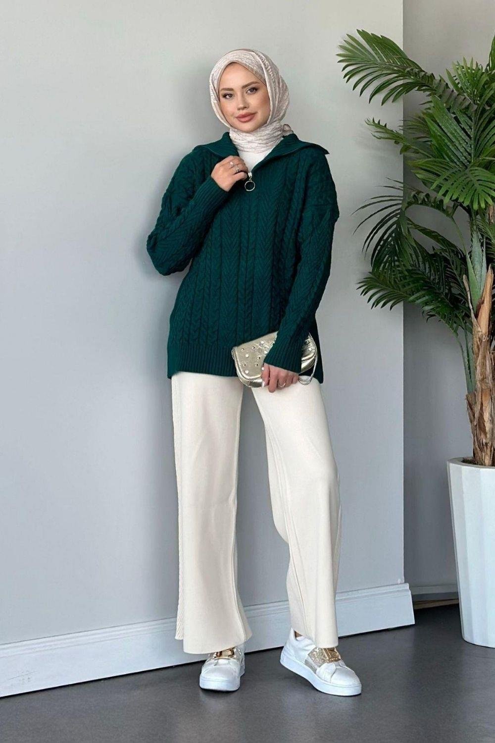 Yarı Fermuarlı Örme Triko Takım Zümrüt 24130 