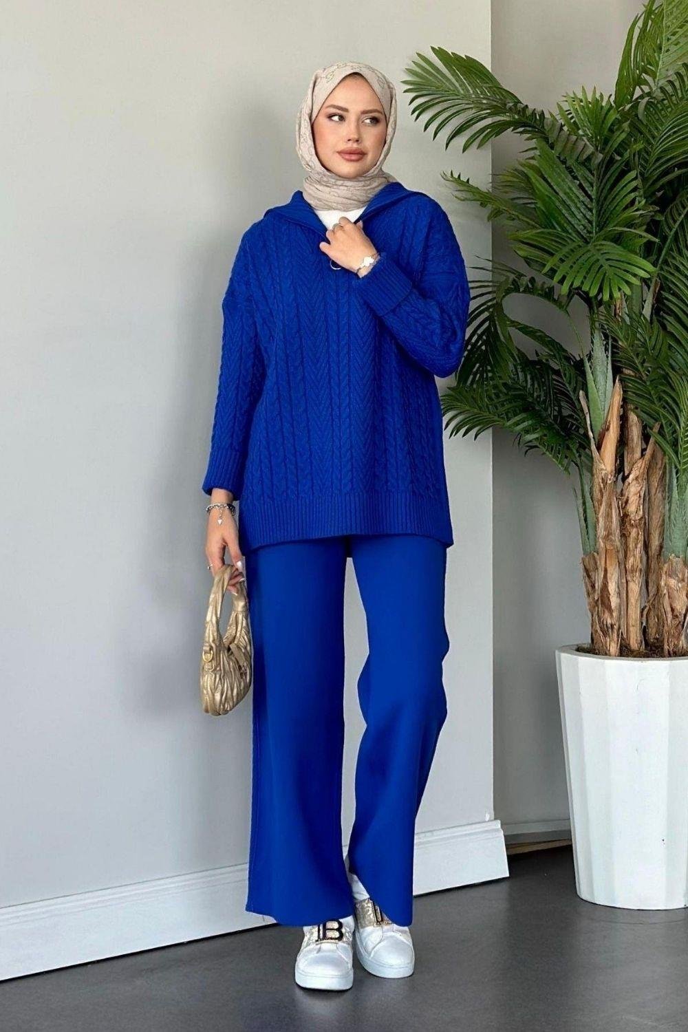 Yarı Fermuarlı Örme Triko Takım Saks 24130 