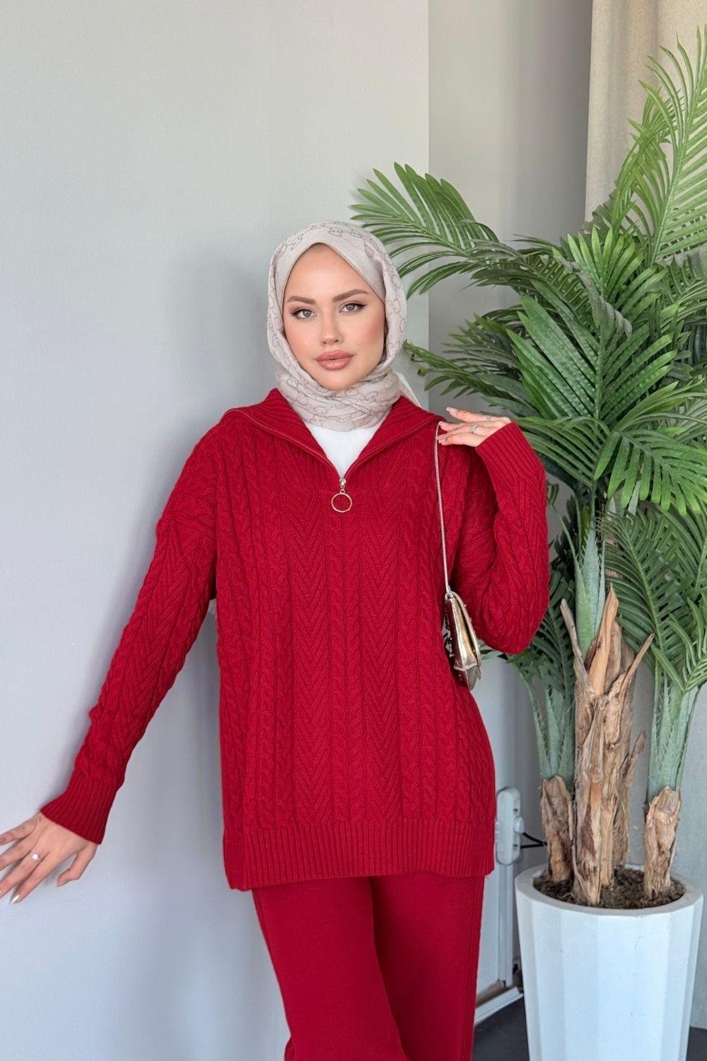 Yarı Fermuarlı Örme Triko Takım Kırmızı 24130 