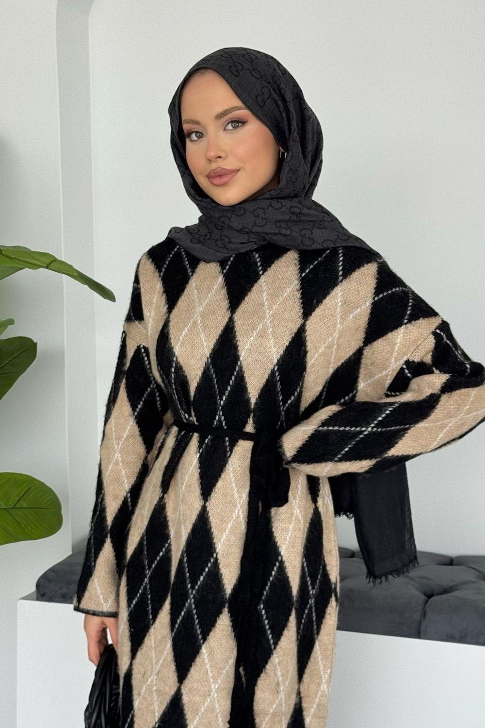 Baklava Desenli Triko Elbise Siyah 241300 