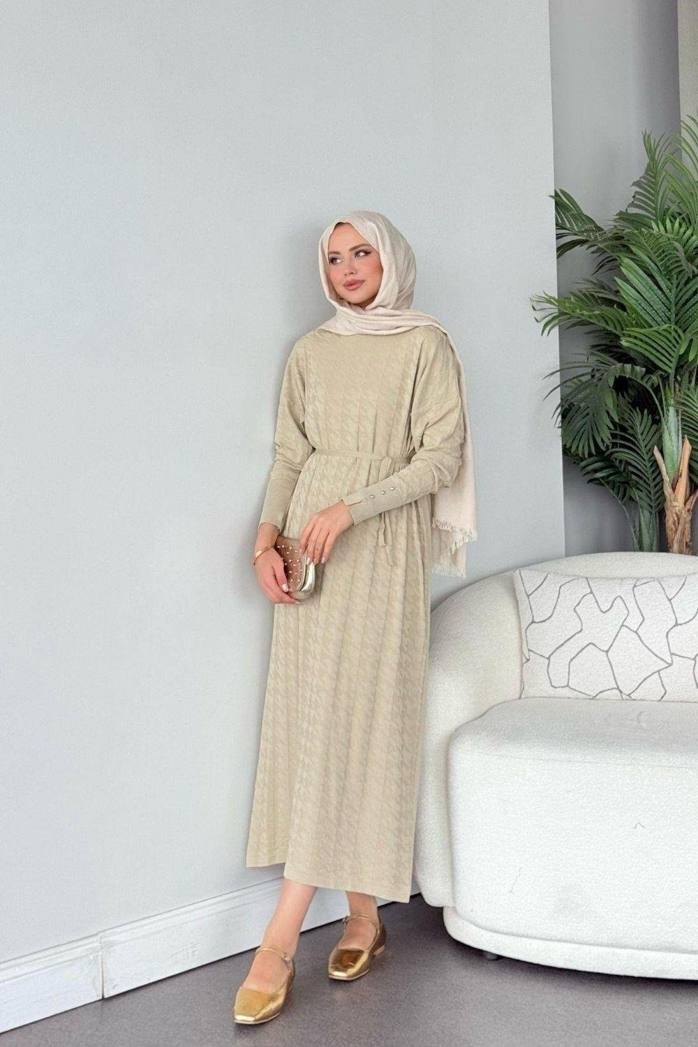 Zımbalı Merserize Elbise Bej 241420 