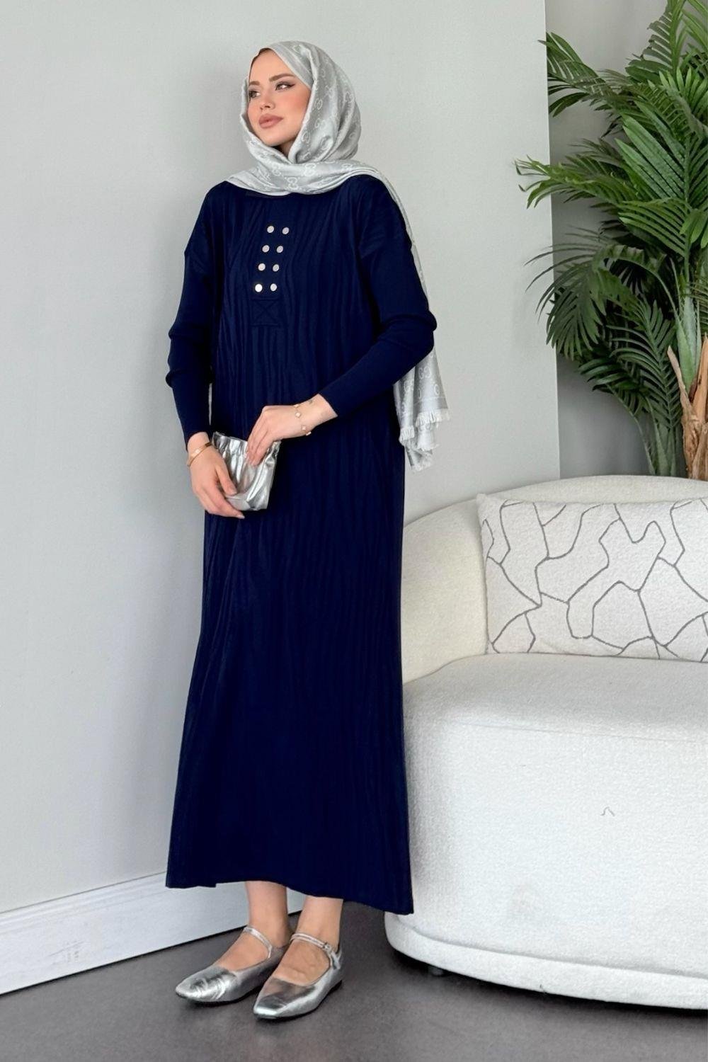 Osaka Zebra Desen Merserize Elbise Lacivert 241440 