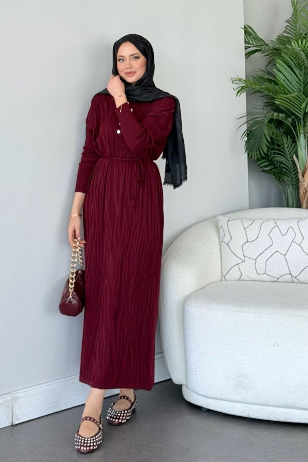 Osaka Zebra Desen Merserize Elbise Bordo 241440 