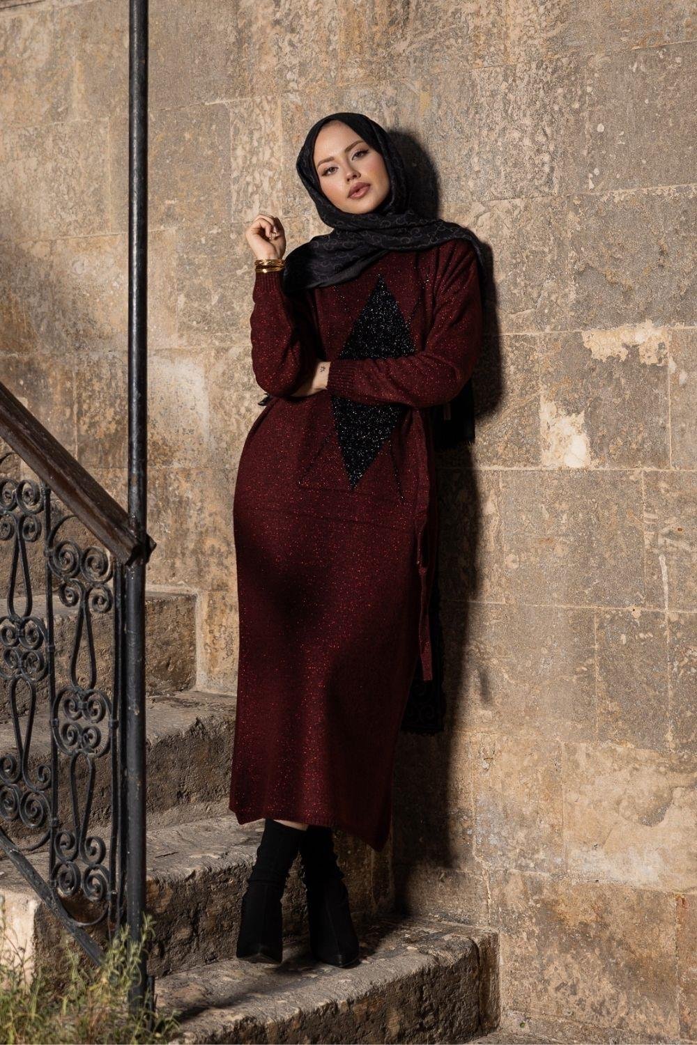 Simli Yumoş Baklava Desen Elbise Bordo 241480 