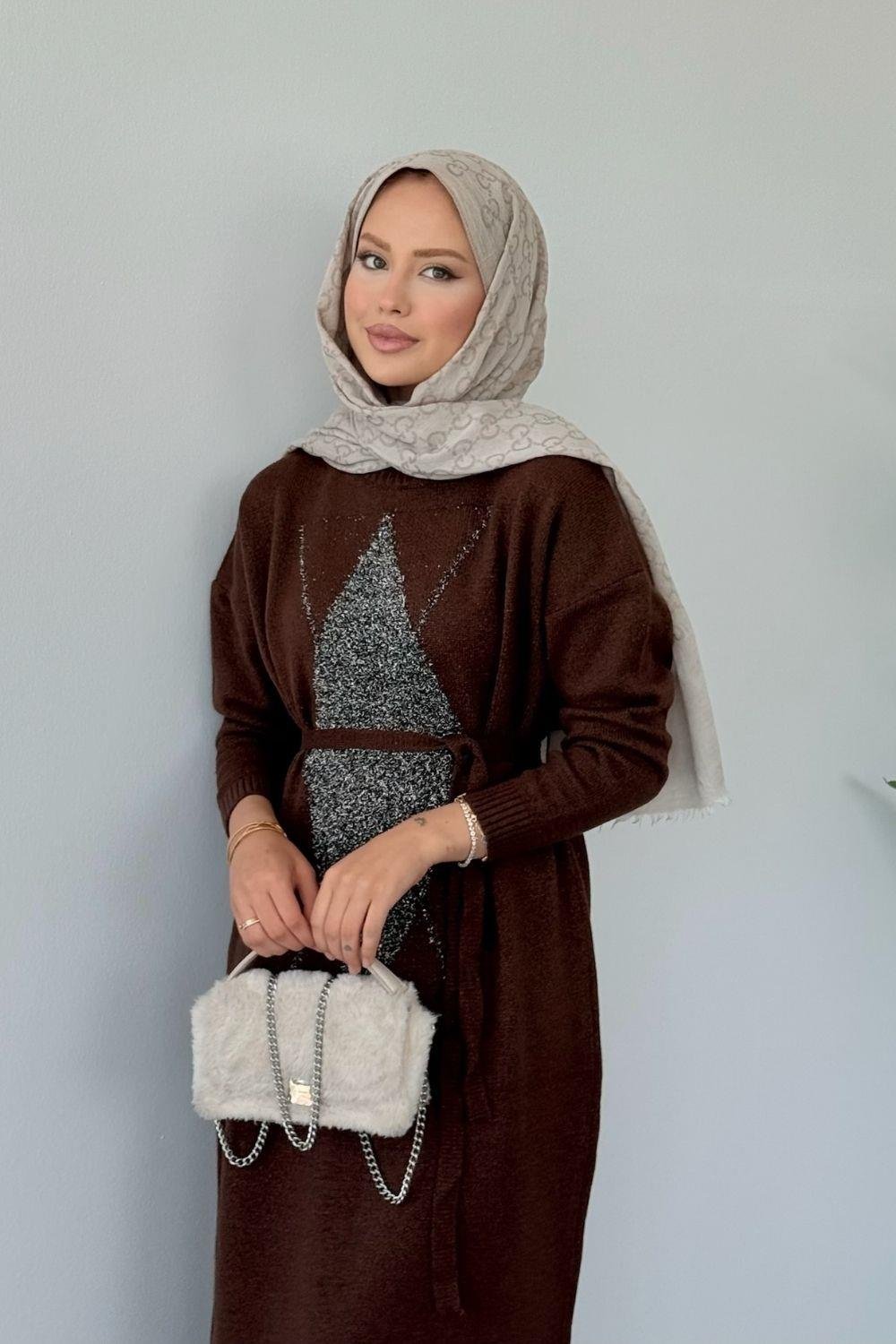 Simli Yumoş Baklava Desen Elbise Kahverengi 241480 