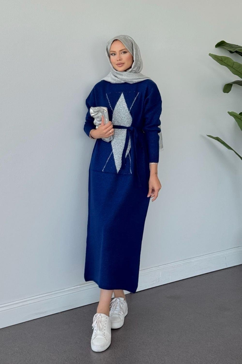 Simli Yumoş Baklava Desen Elbise Saks 241480 