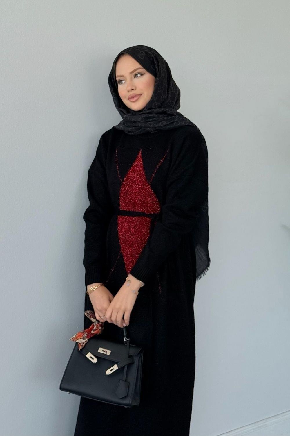 Simli Yumoş Baklava Desen Elbise Siyah 241480 