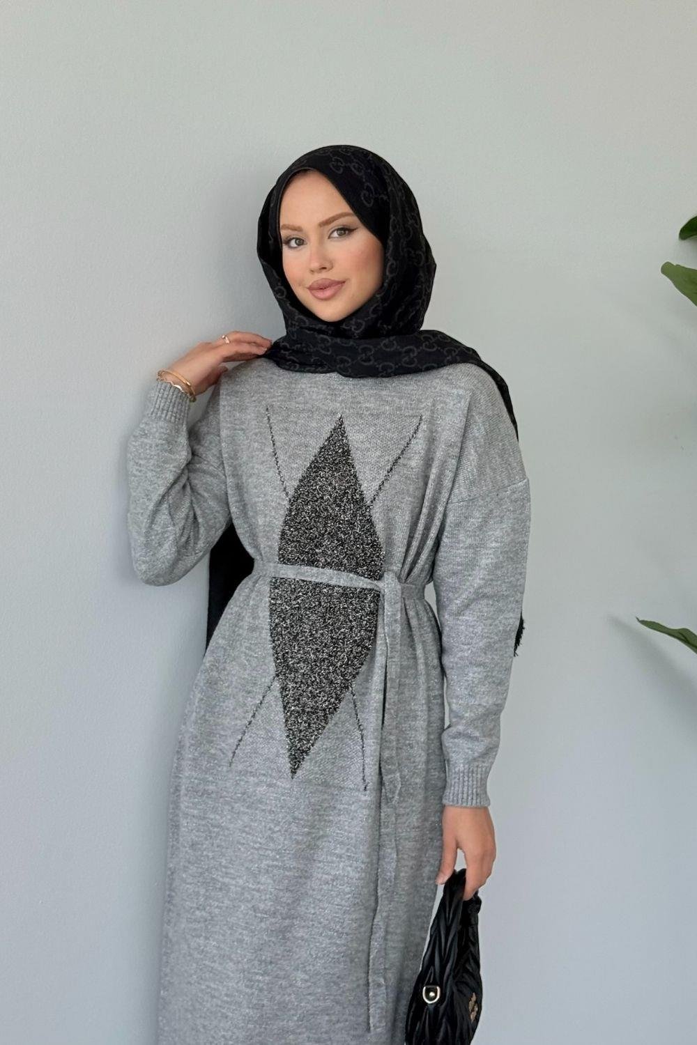 Simli Yumoş Baklava Desen Elbise Gri 241480 