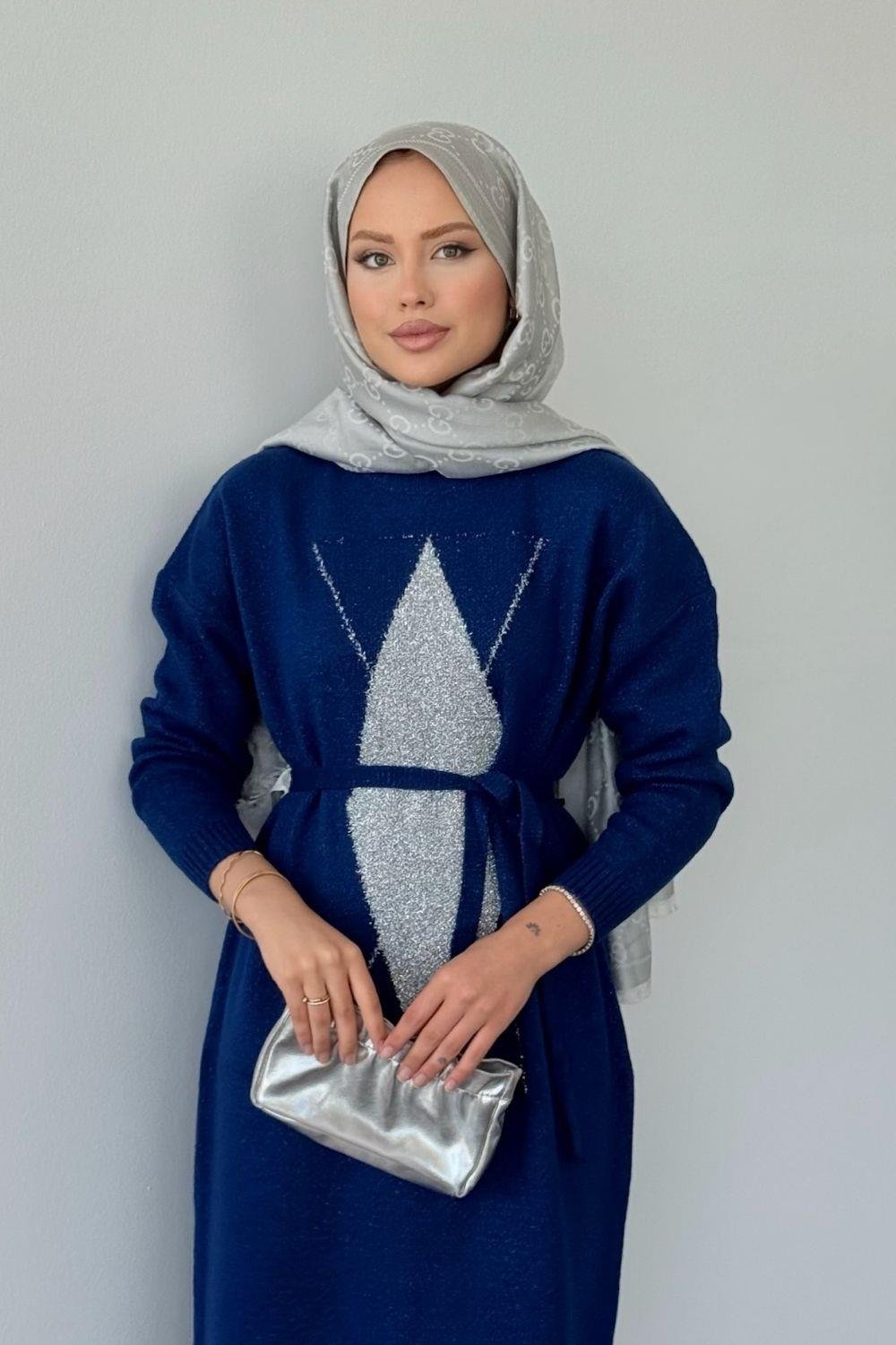 Simli Yumoş Baklava Desen Elbise Saks 241480 