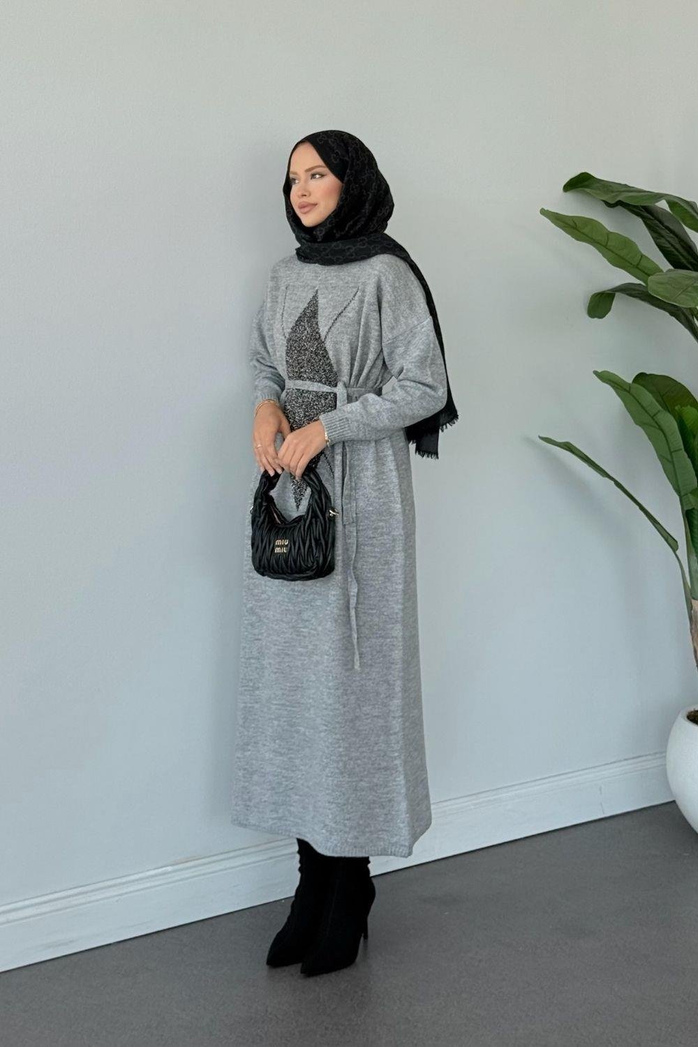 Simli Yumoş Baklava Desen Elbise Gri 241480 