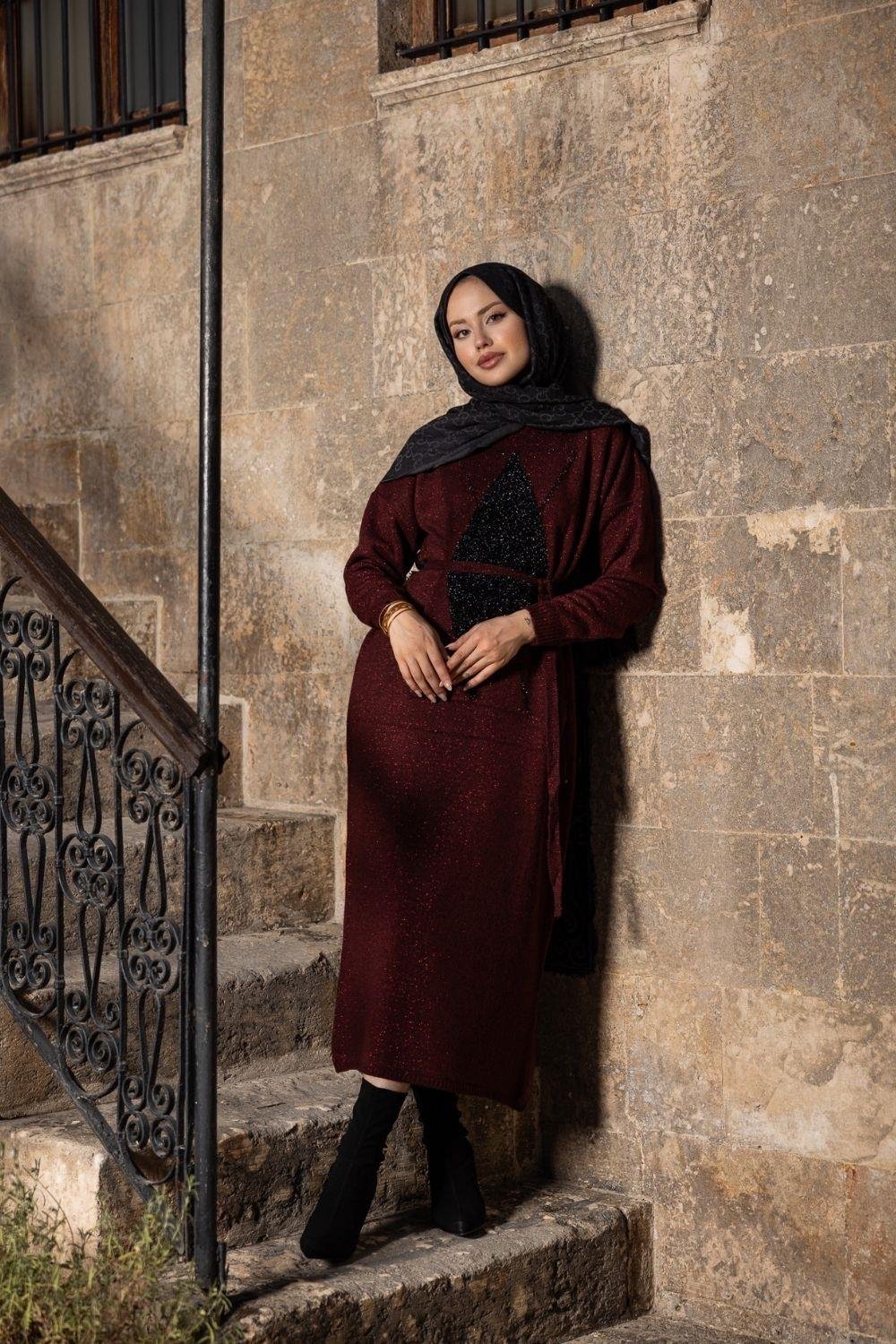 Simli Yumoş Baklava Desen Elbise Bordo 241480 