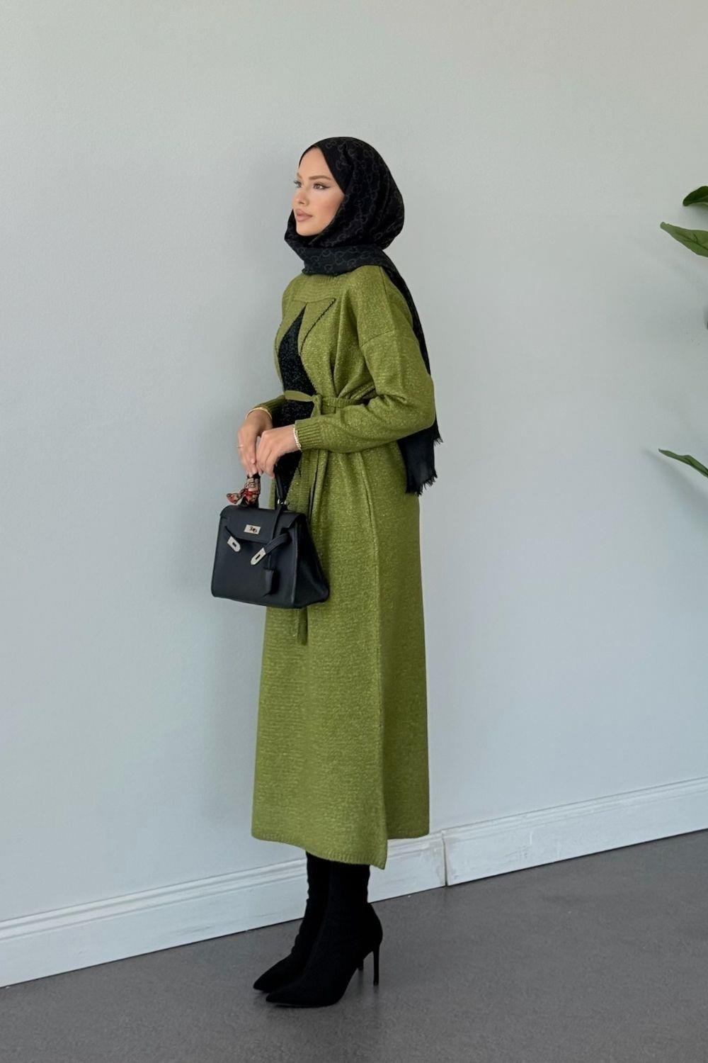 Simli Yumoş Baklava Desen Elbise Yağ Yeşili 241480 