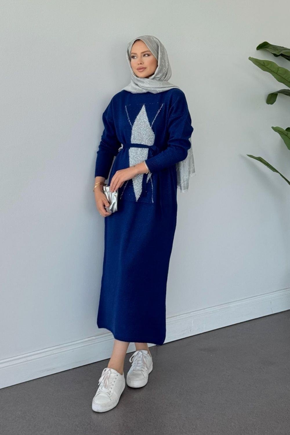 Simli Yumoş Baklava Desen Elbise Saks 241480 