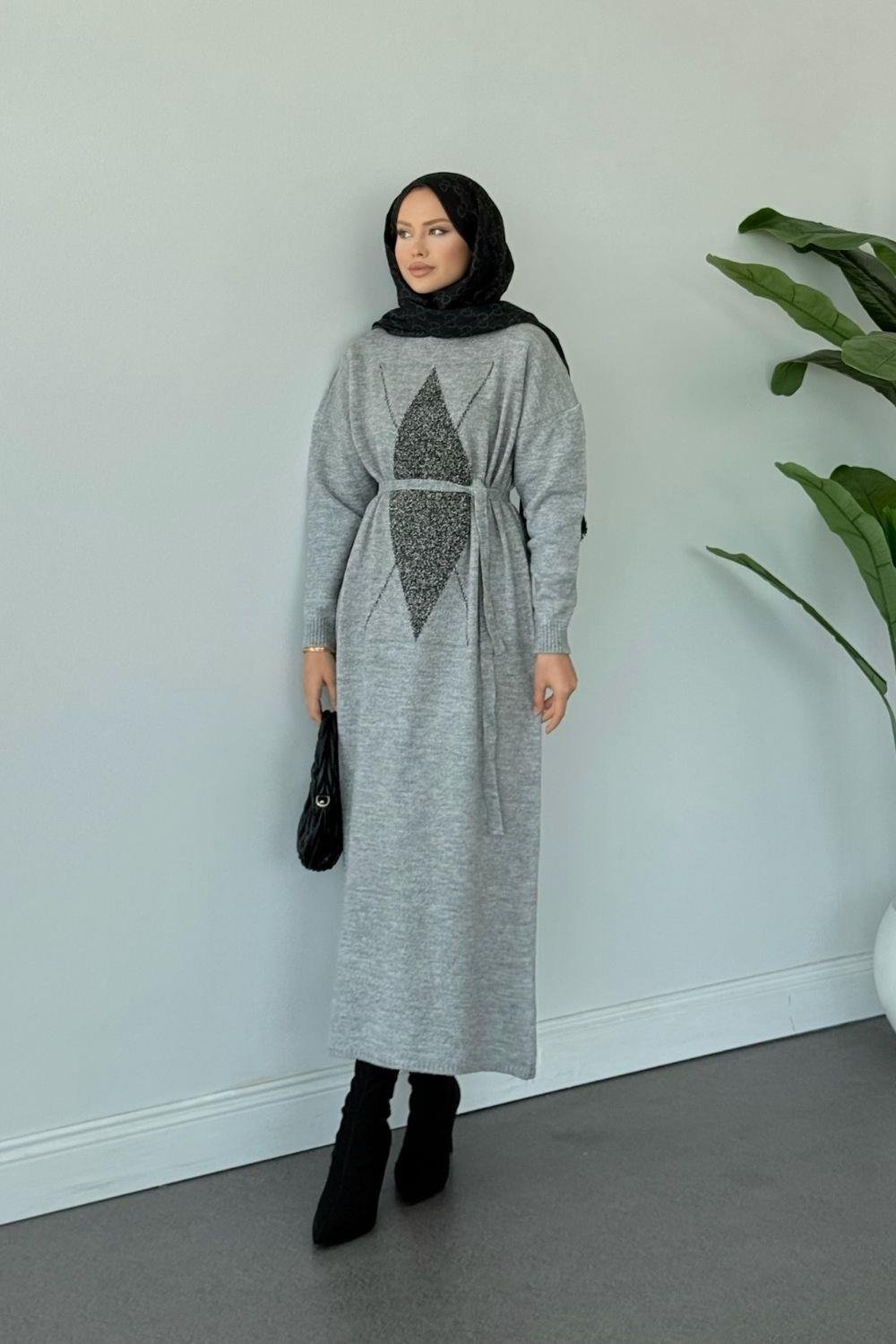 Simli Yumoş Baklava Desen Elbise Gri 241480 