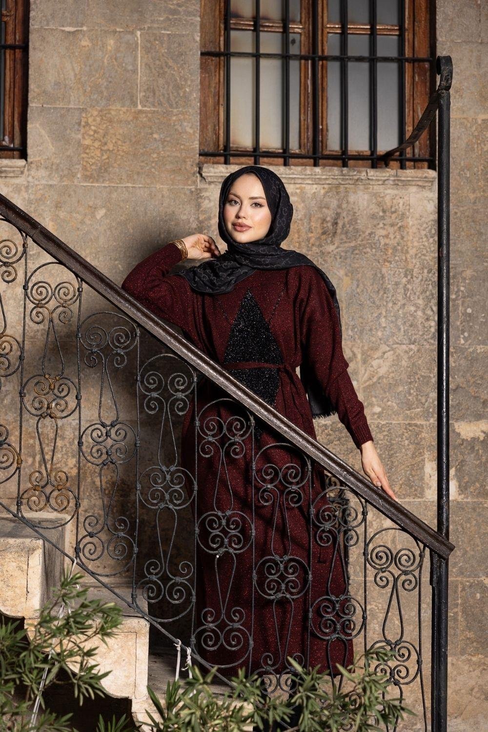 Simli Yumoş Baklava Desen Elbise Bordo 241480 