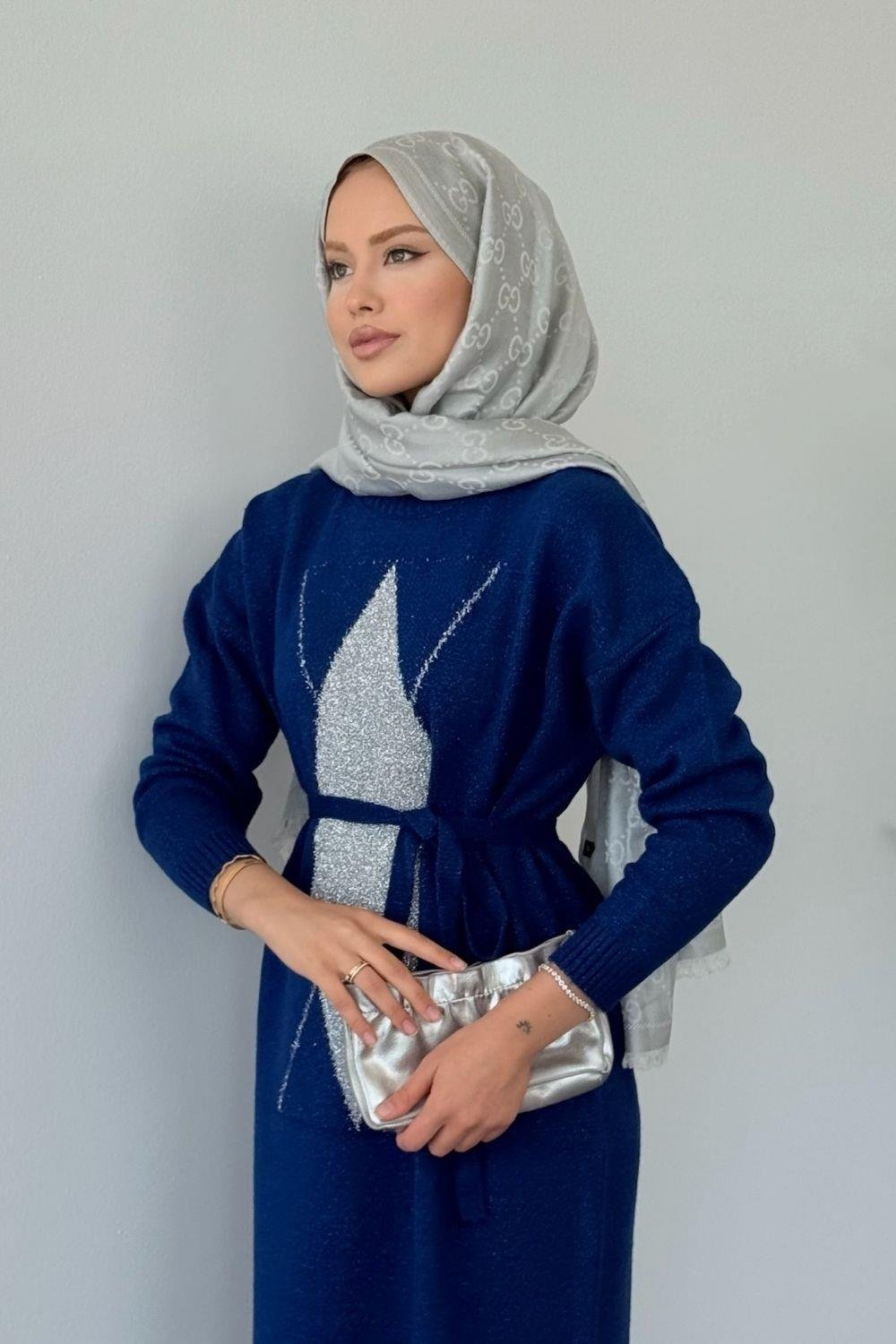 Simli Yumoş Baklava Desen Elbise Saks 241480 