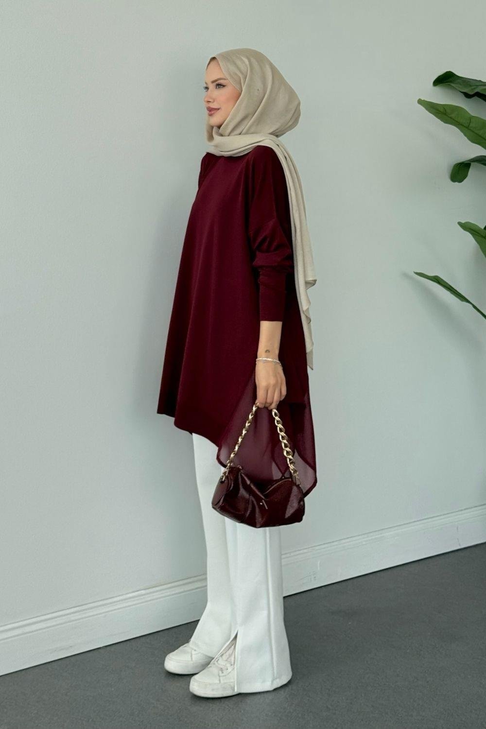 Merserize Yan Şifon Tunik Bordo 24290 