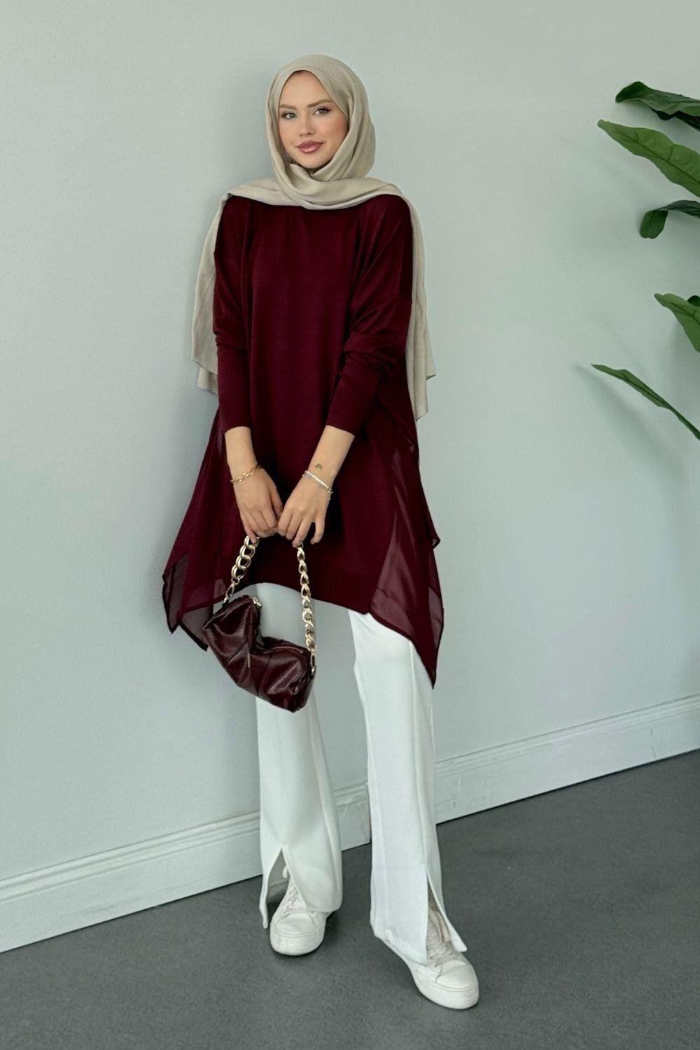 Merserize Yan Şifon Tunik Bordo 24290 