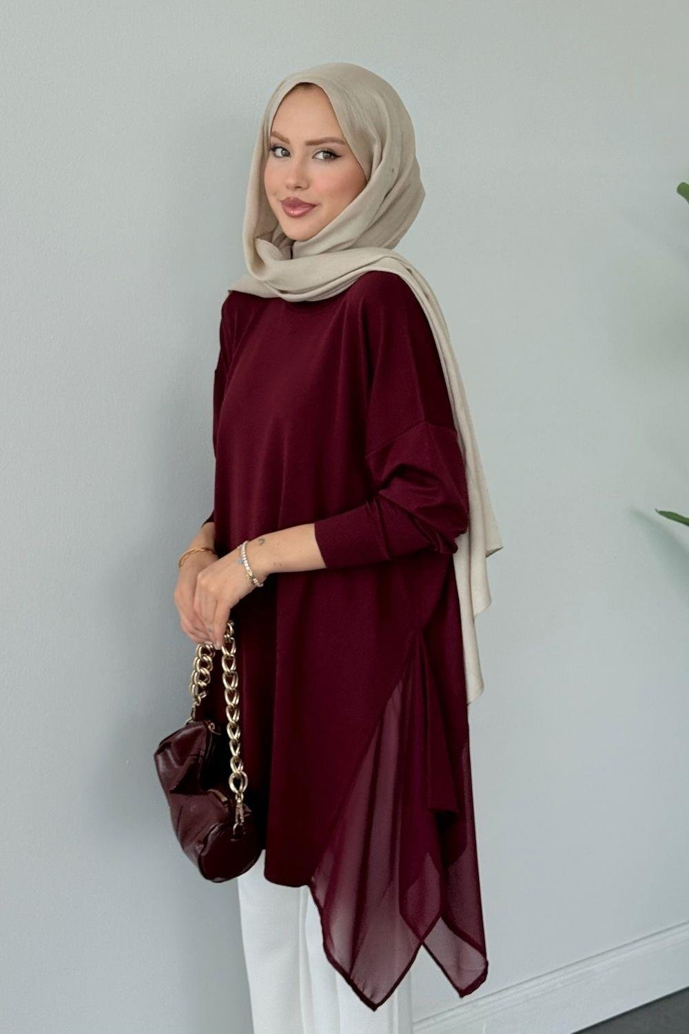 Merserize Yan Şifon Tunik Bordo 24290 