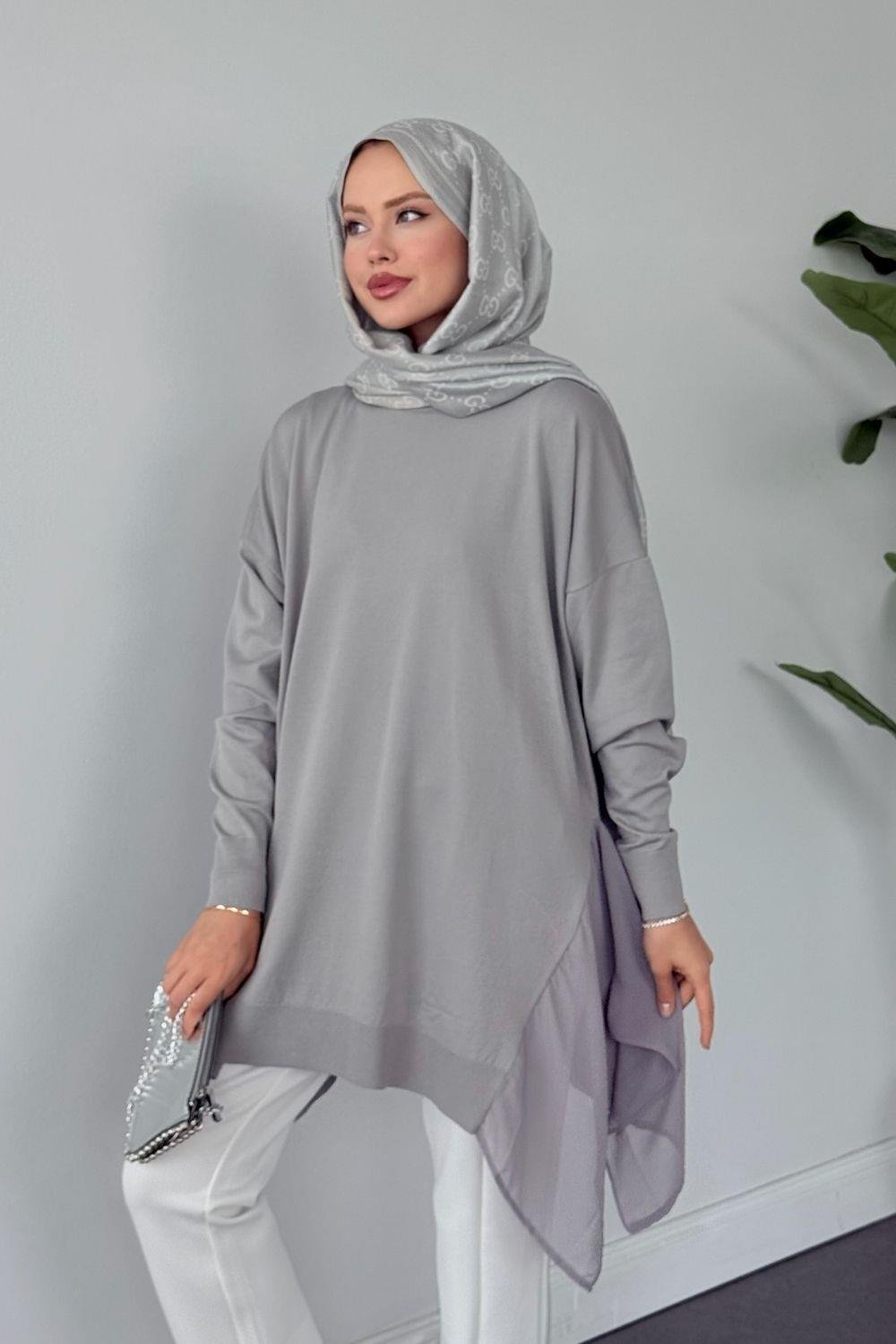 Merserize Yan Şifon Tunik Gri 24290 