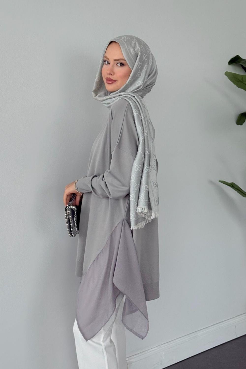 Merserize Yan Şifon Tunik Gri 24290 