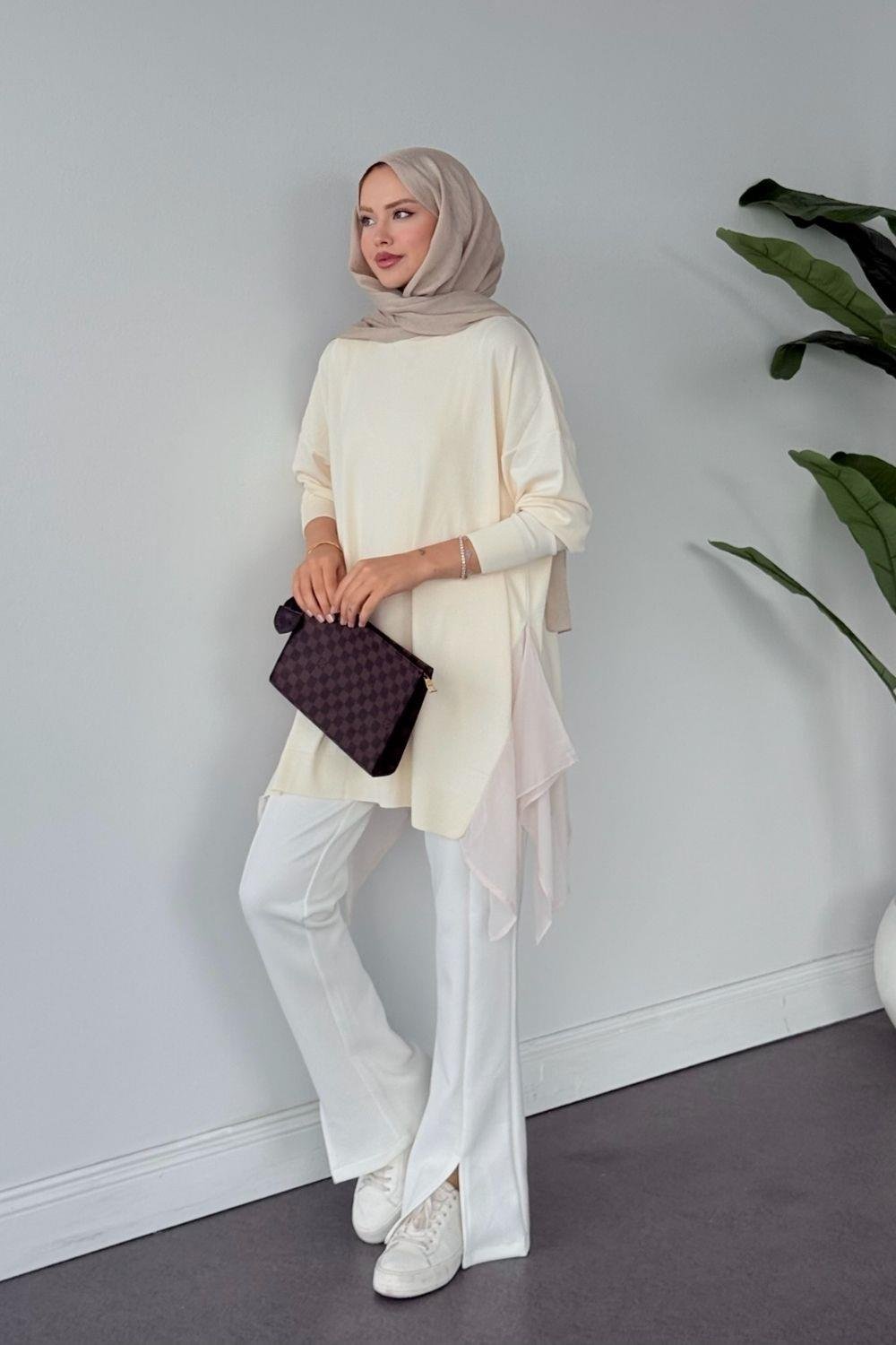 Merserize Yan Şifon Tunik Krem 24290 