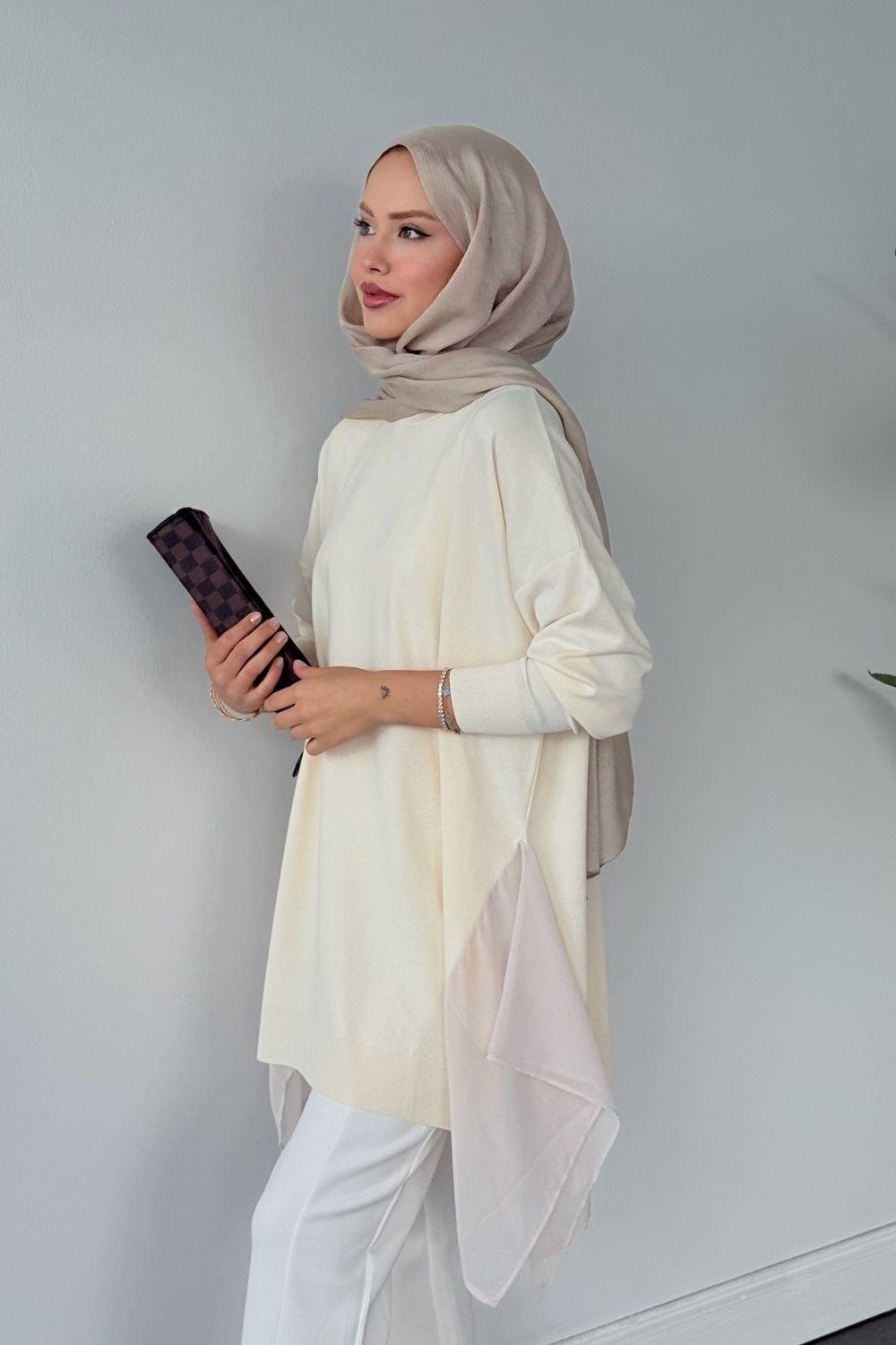 Merserize Yan Şifon Tunik Krem 24290 