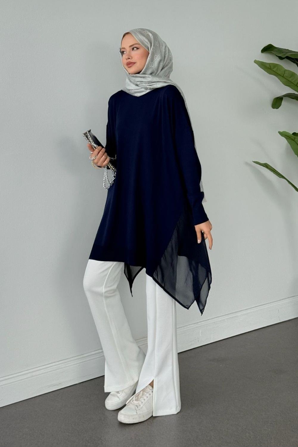 Merserize Yan Şifon Tunik Lacivert 24290 